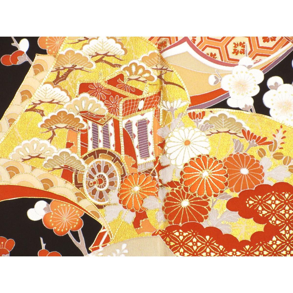 留袖 友禅金彩加工 刺繍入り 三ツ柏 裄丈S寸