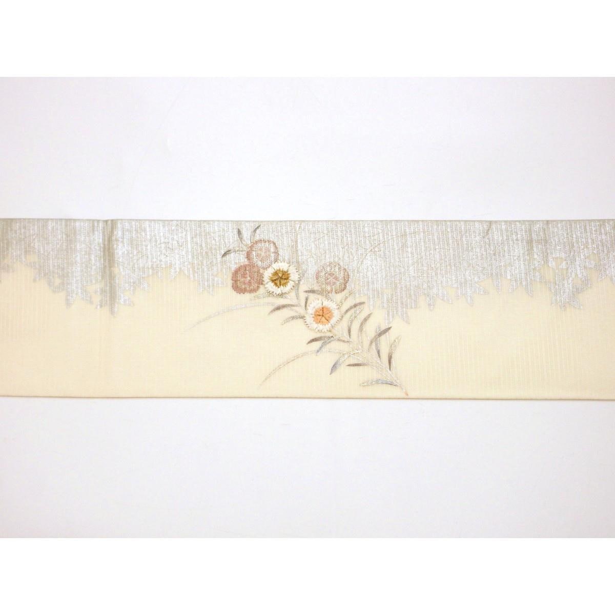 夏名古屋帯　絽織　銀彩友禅刺繍入り