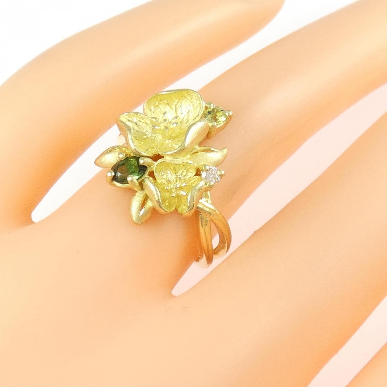 18KYG フラワー カラーストーン リング