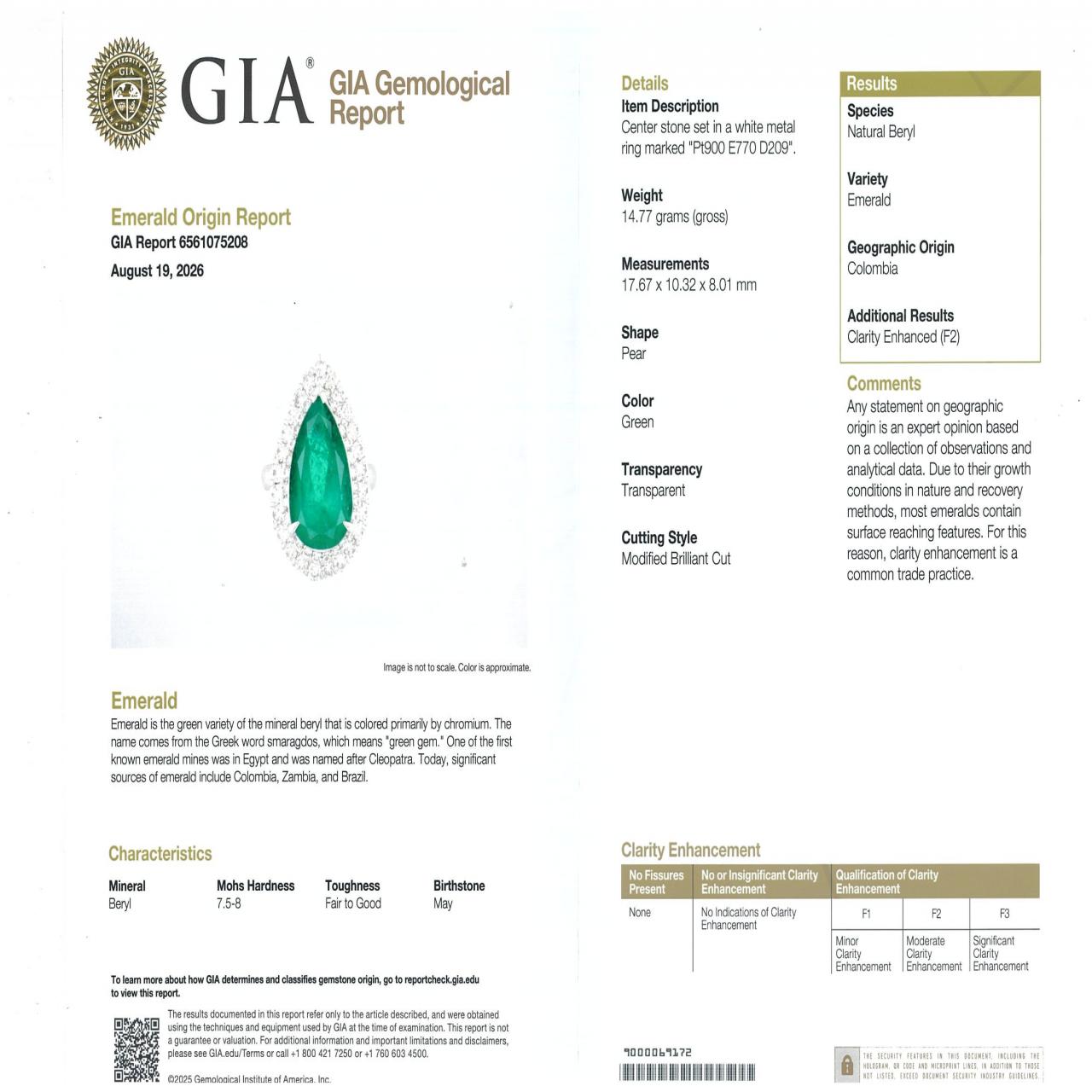 PT900 エメラルド リング 7.70CT コロンビア産