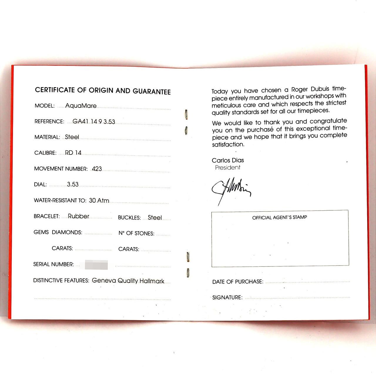 【ノーメンテナンス還元価格】ロジェ･デュブイ アクアマーレ GA41.14.9.3.53 SS 自動巻