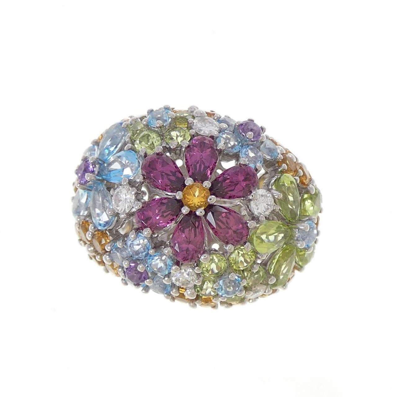 585WG フラワー カラーストーン リング