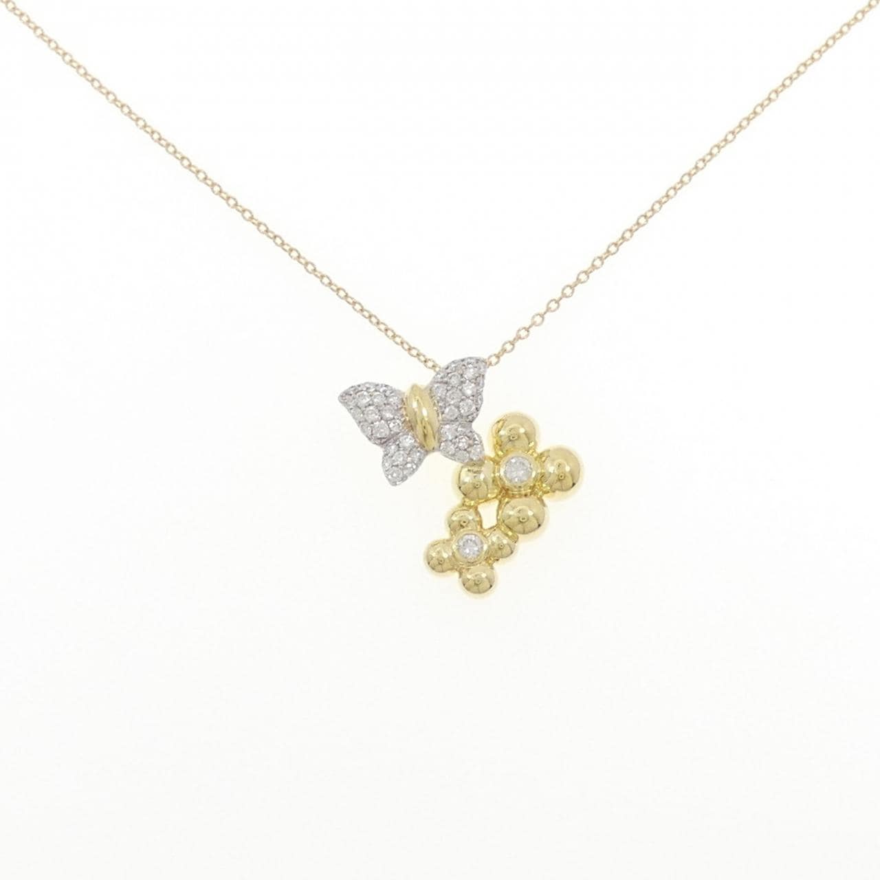 K18YG/K18WG バタフライ×フラワー パヴェ ダイヤモンド ネックレス 0.45CT