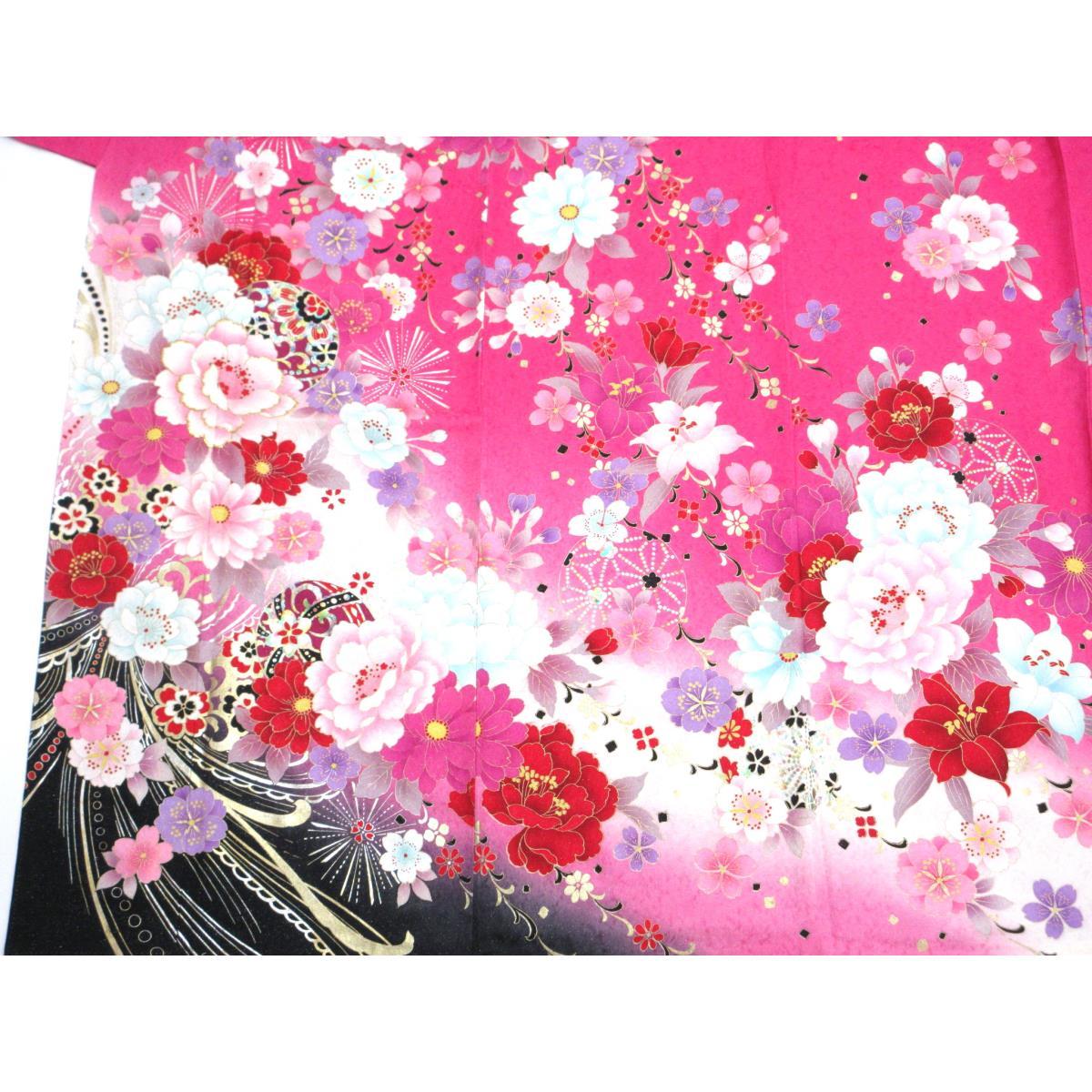 振袖　銀通しボカシ染　友禅金彩加工　刺繍入り　身幅Ｌ寸