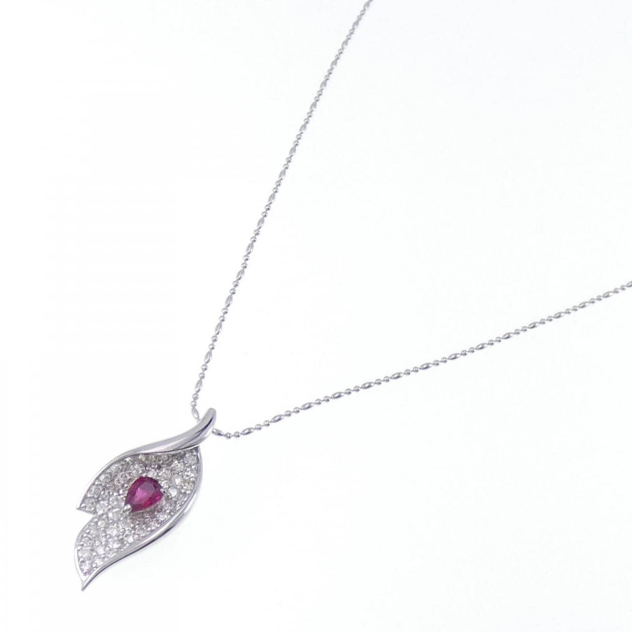 K18WG Leaf Ruby Necklace 0.50CT