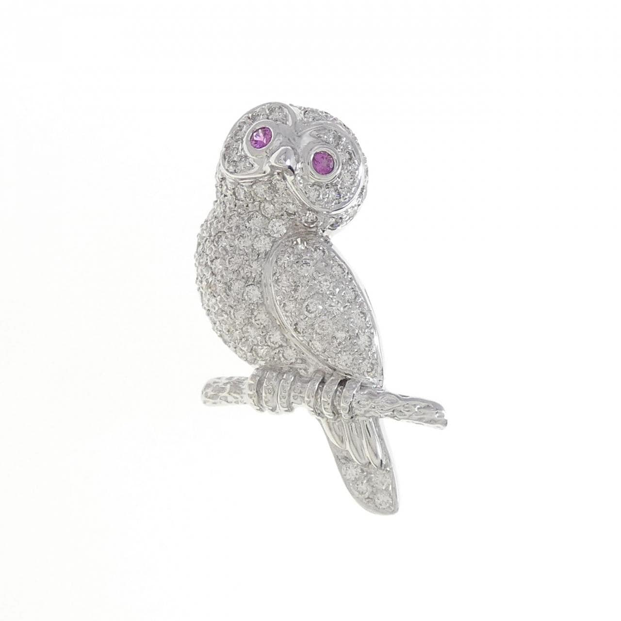 K18WG Owl Sapphire Brooch 0.06CT
