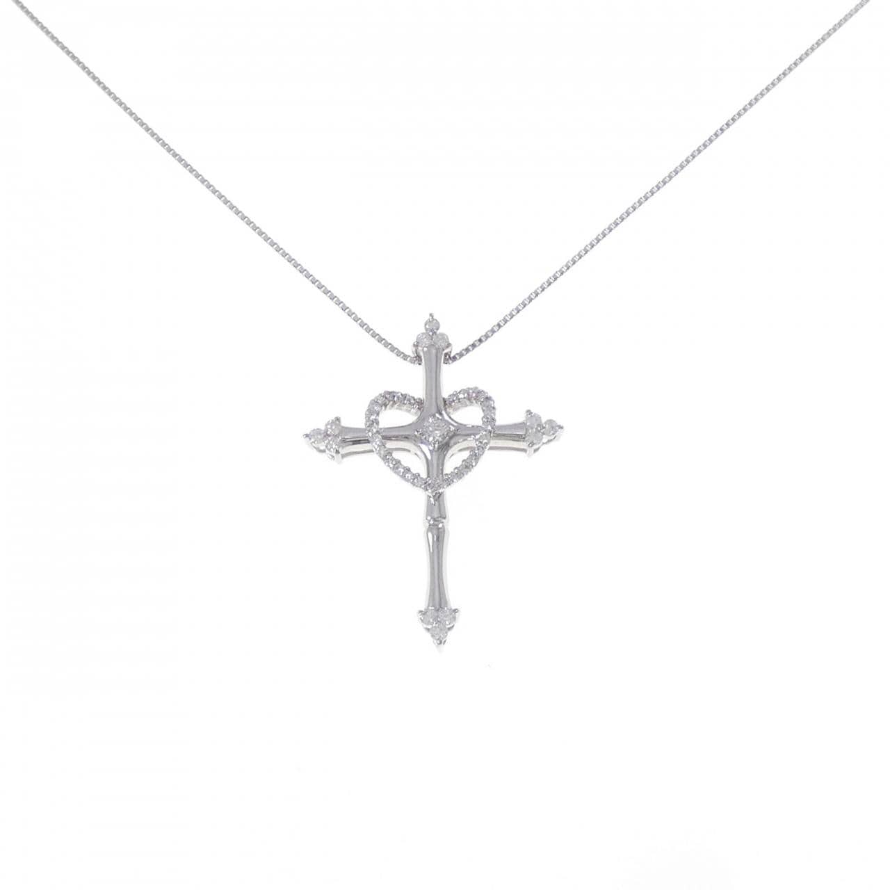 K18WG Cross and Heart Diamond Necklace