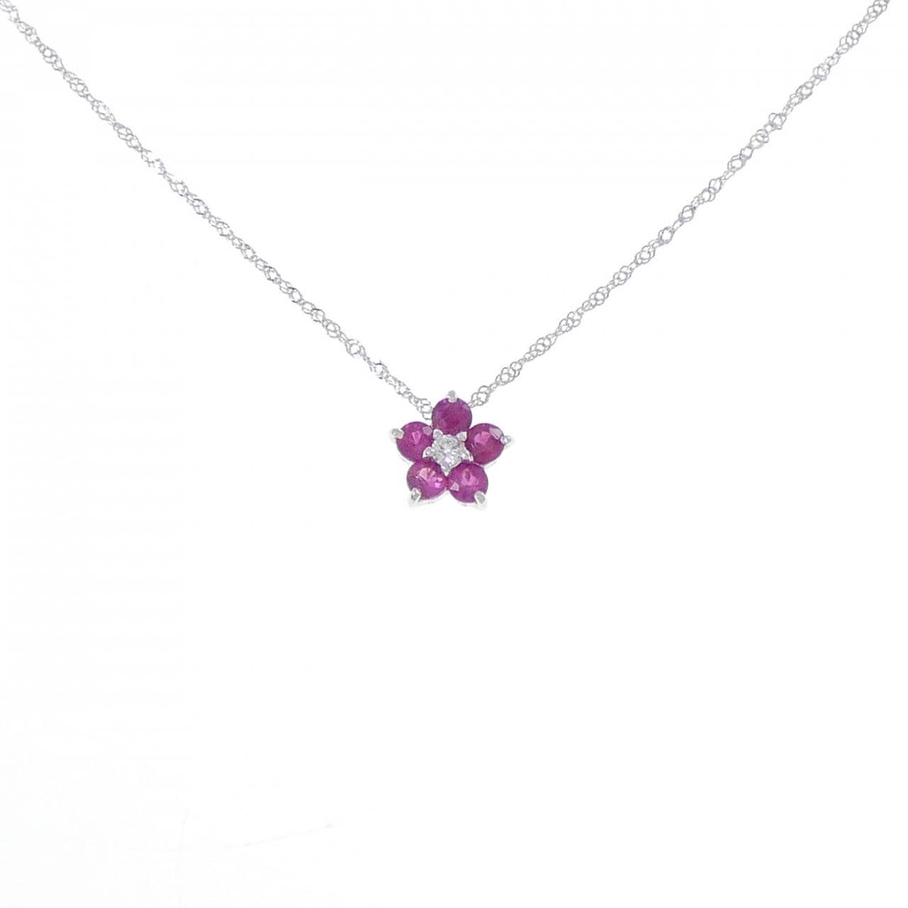 K18WG フラワー ルビー ネックレス 0.25CT
