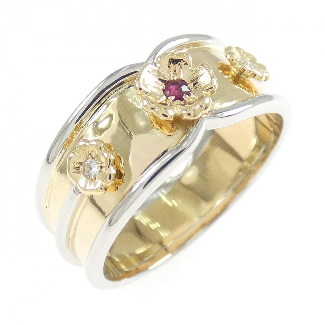 K18YG/PT900花朵紅寶石戒指