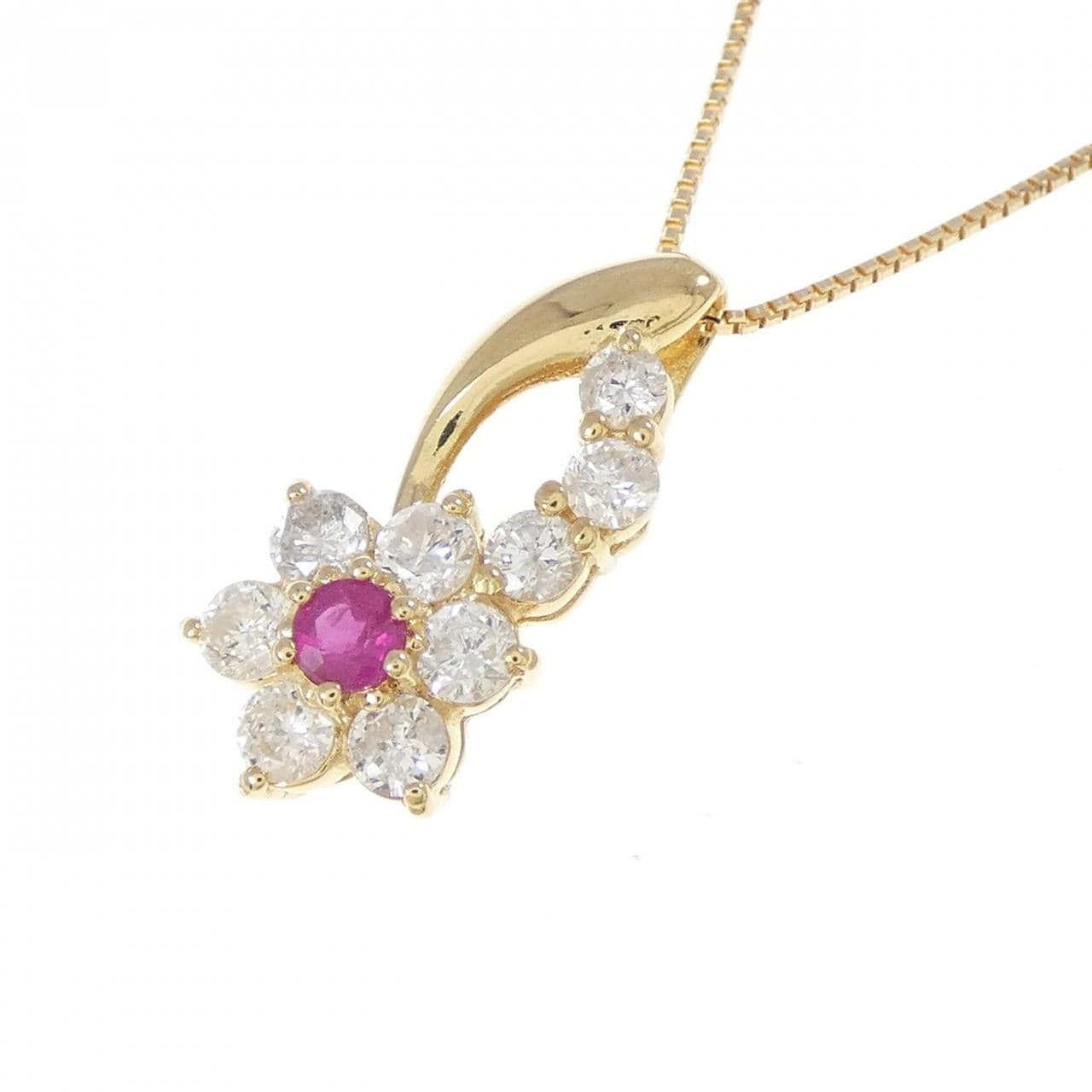 K18YG フラワー ルビー ネックレス