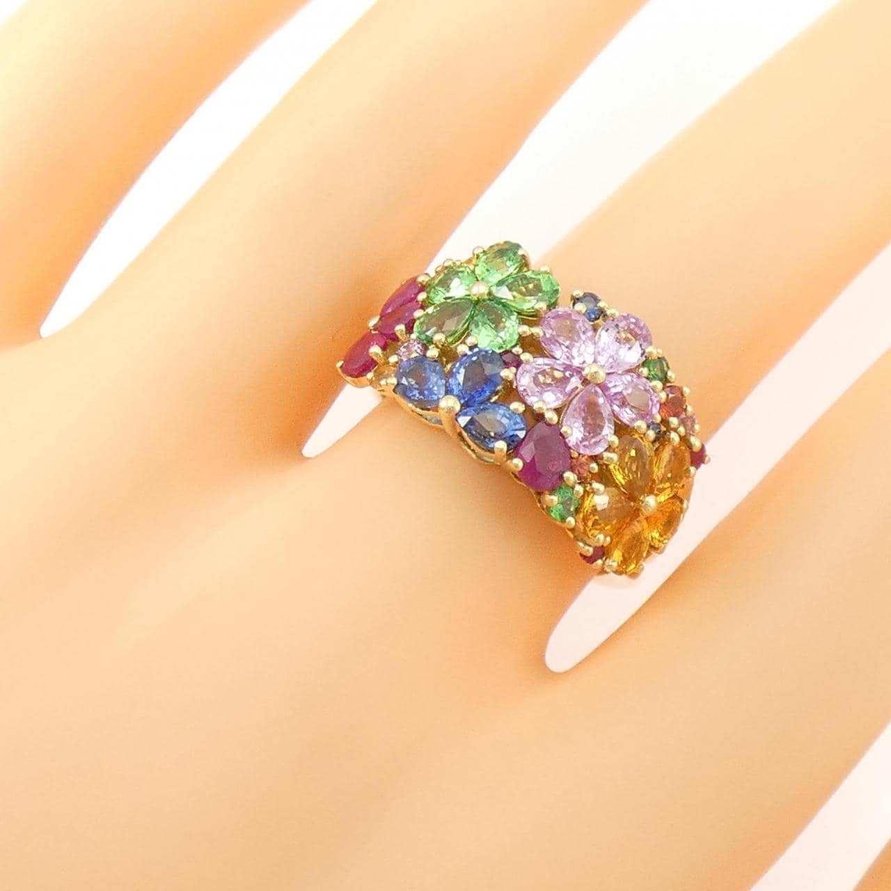 K18YG フラワー カラーストーン リング
