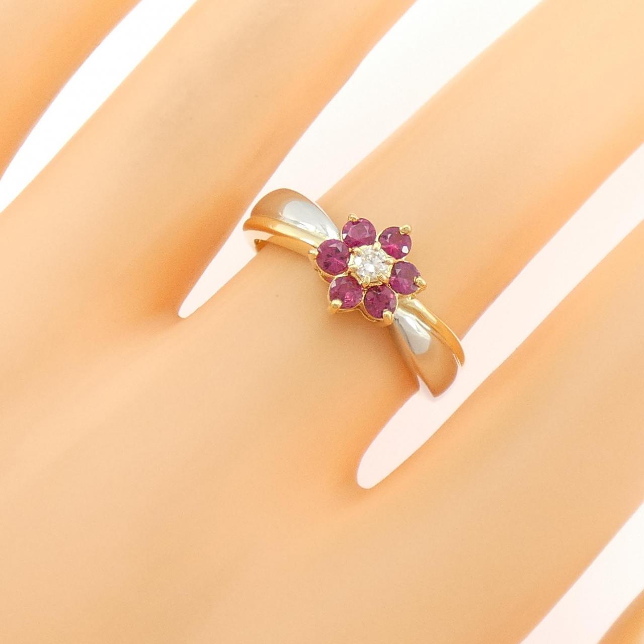 K18YG/PT900 フラワー ルビー リング 0.415CT