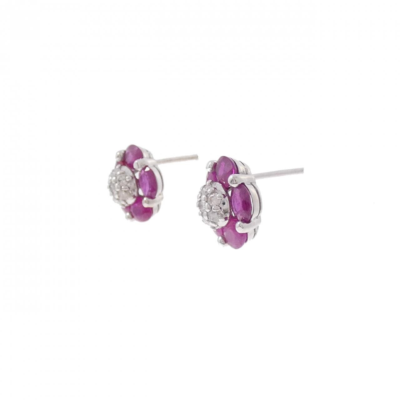 K18WG フラワー ルビー ピアス 2.24CT