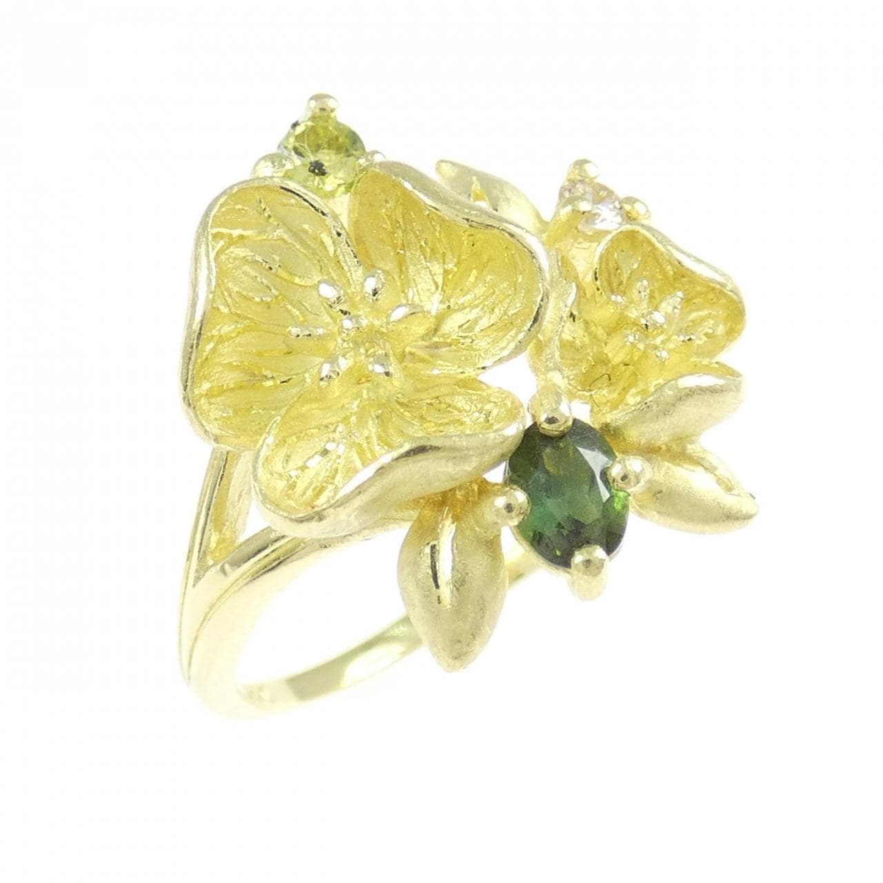 18KYG フラワー カラーストーン リング