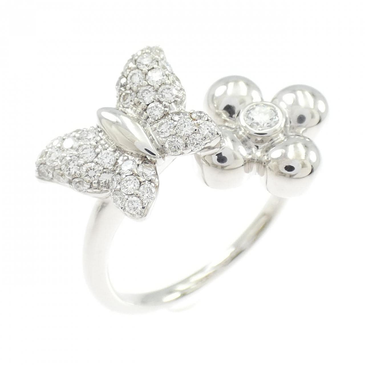 K18WG バタフライ×フラワー ダイヤモンド リング 0.50CT