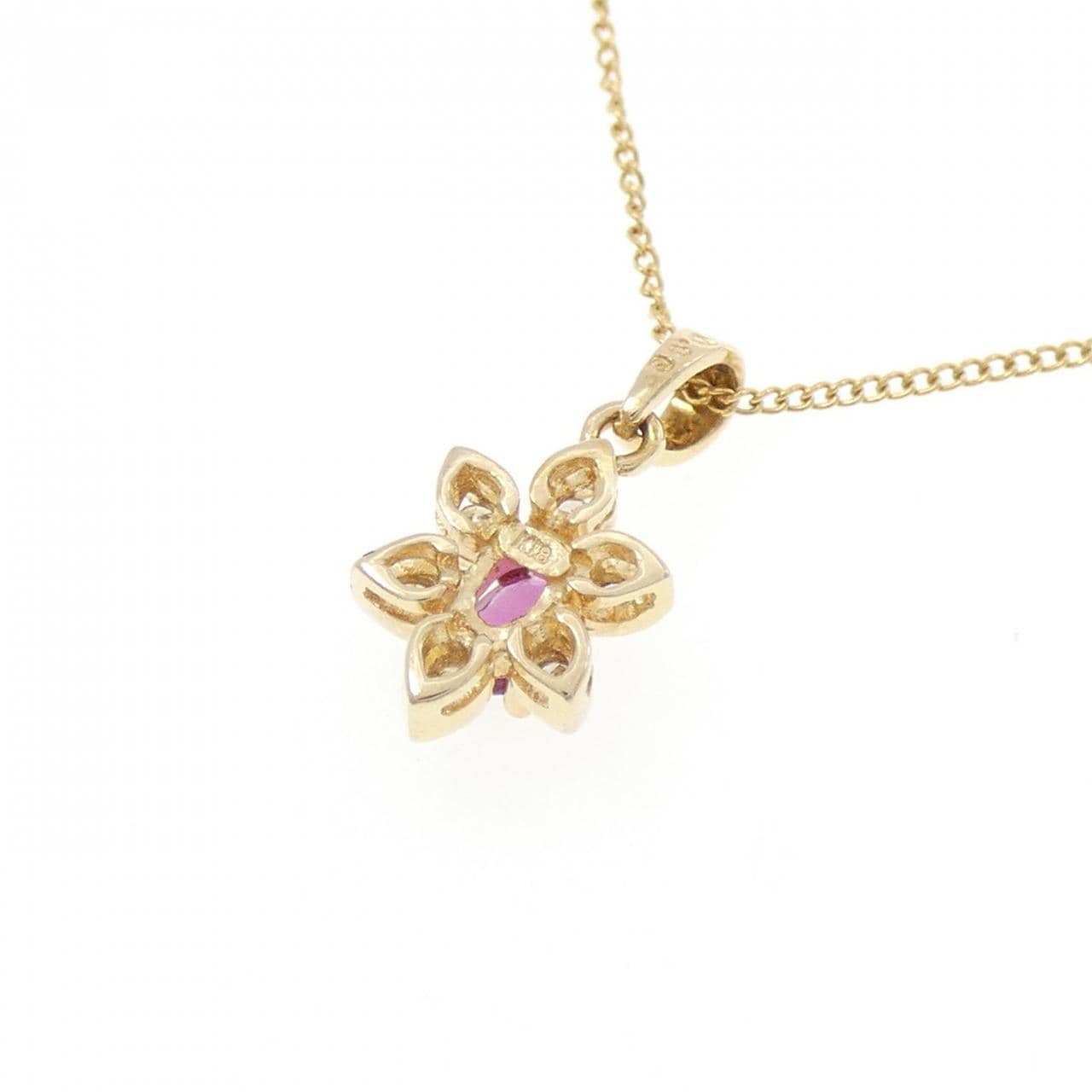 K18YG フラワー ルビー ネックレス 0.19CT