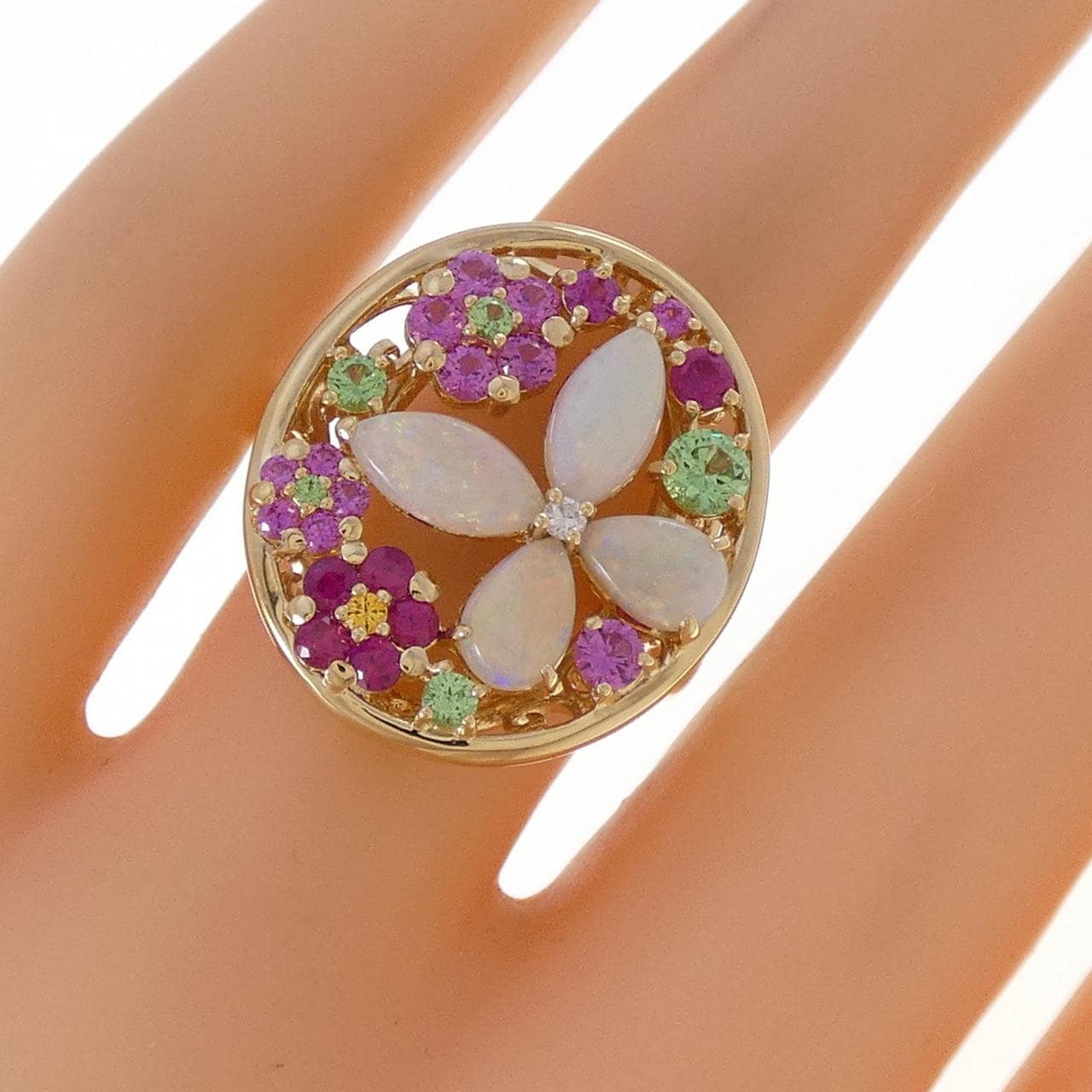 K18YG フラワー カラーストーン リング