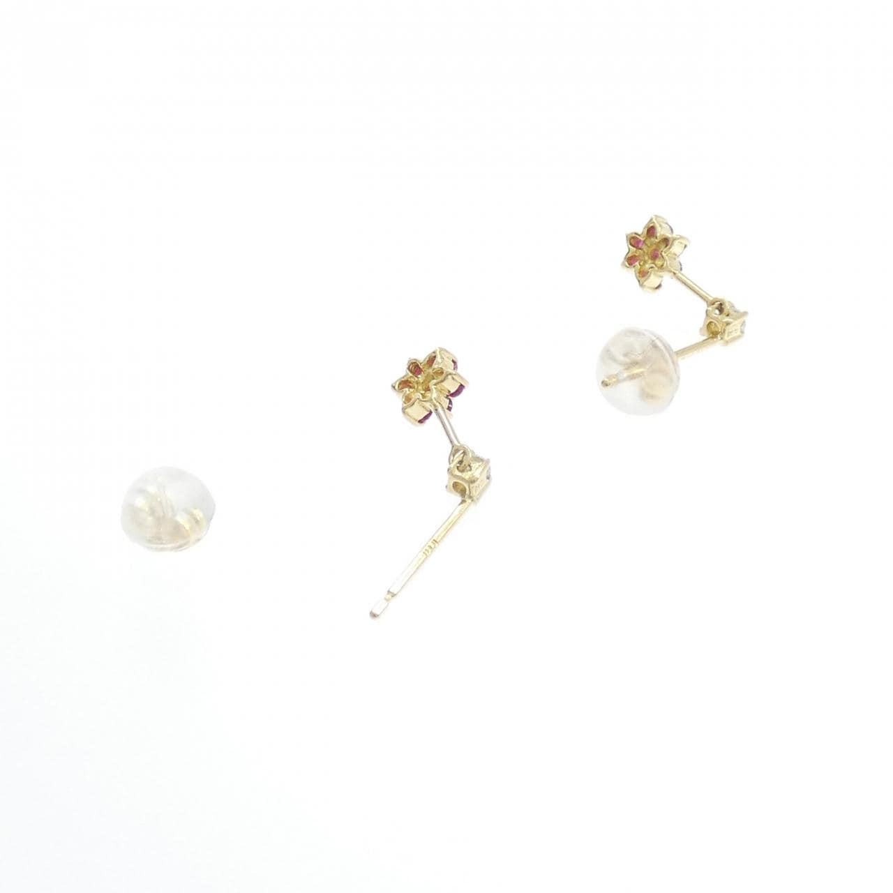 K18YG フラワー ルビー ピアス 0.16CT