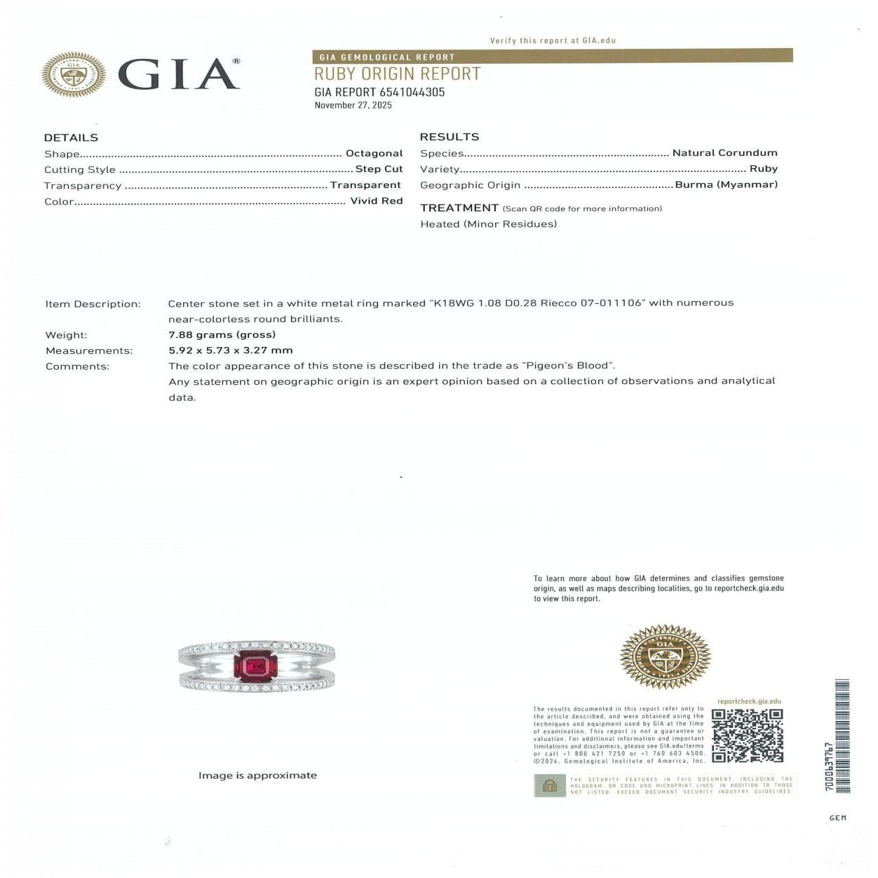 K18WG ピジョンブラッド ルビー リング 1.08CT ビルマ産