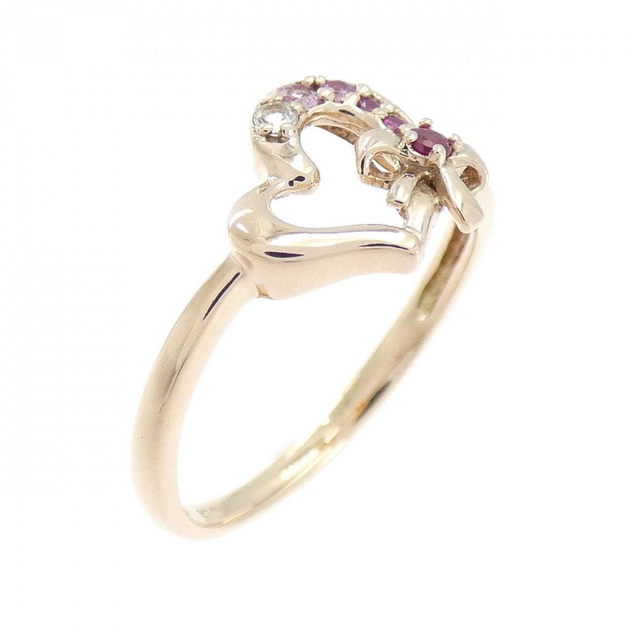 K10PG ハート×リボン カラーストーン リング