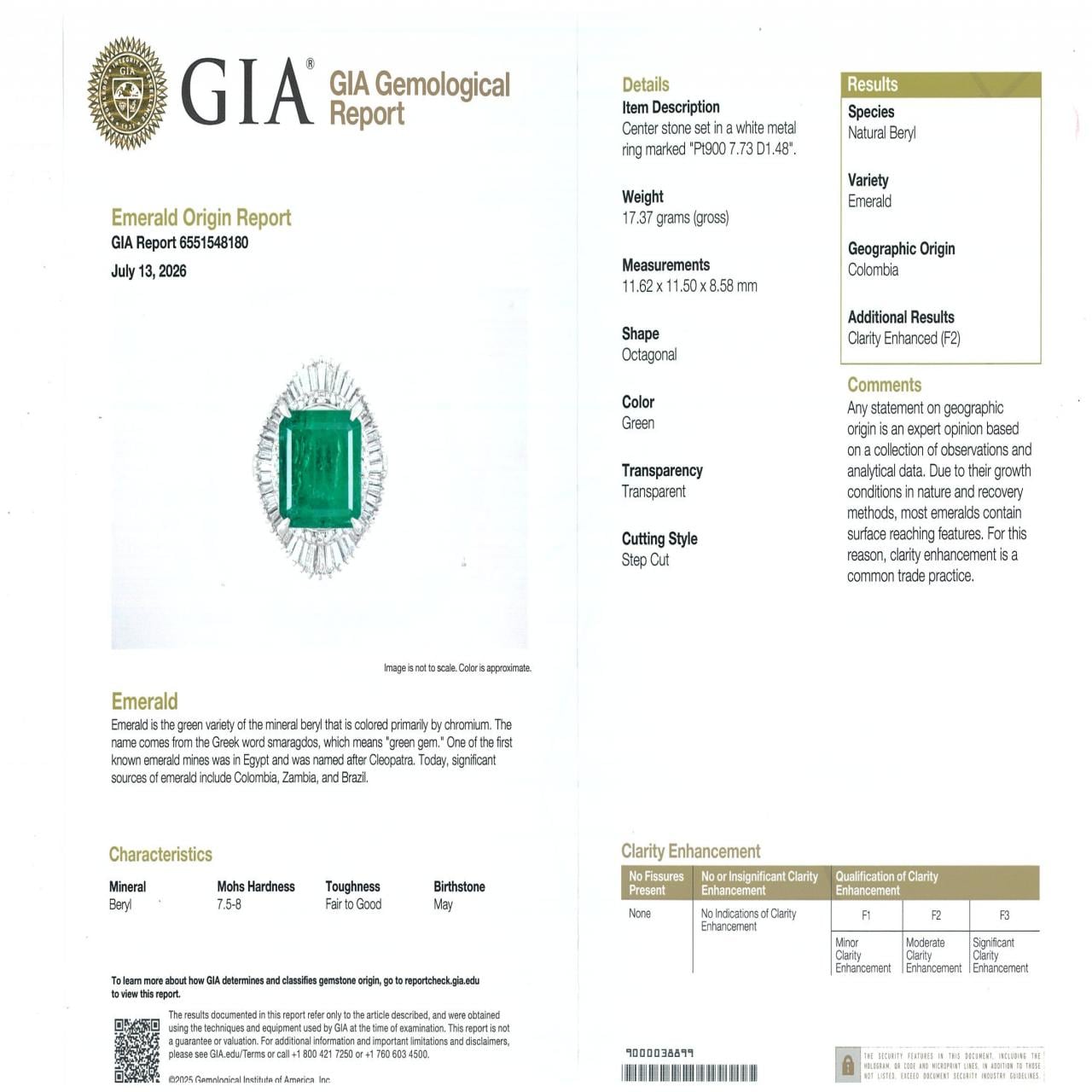 PT900 エメラルド リング 7.73CT コロンビア産