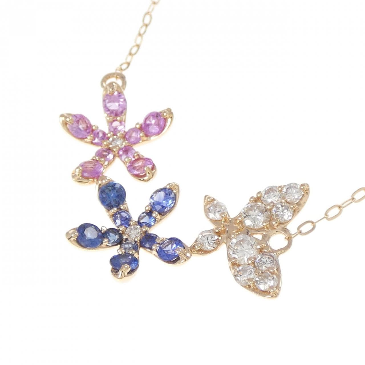 K18PG フラワー×バタフライ サファイヤ ネックレス 0.65CT