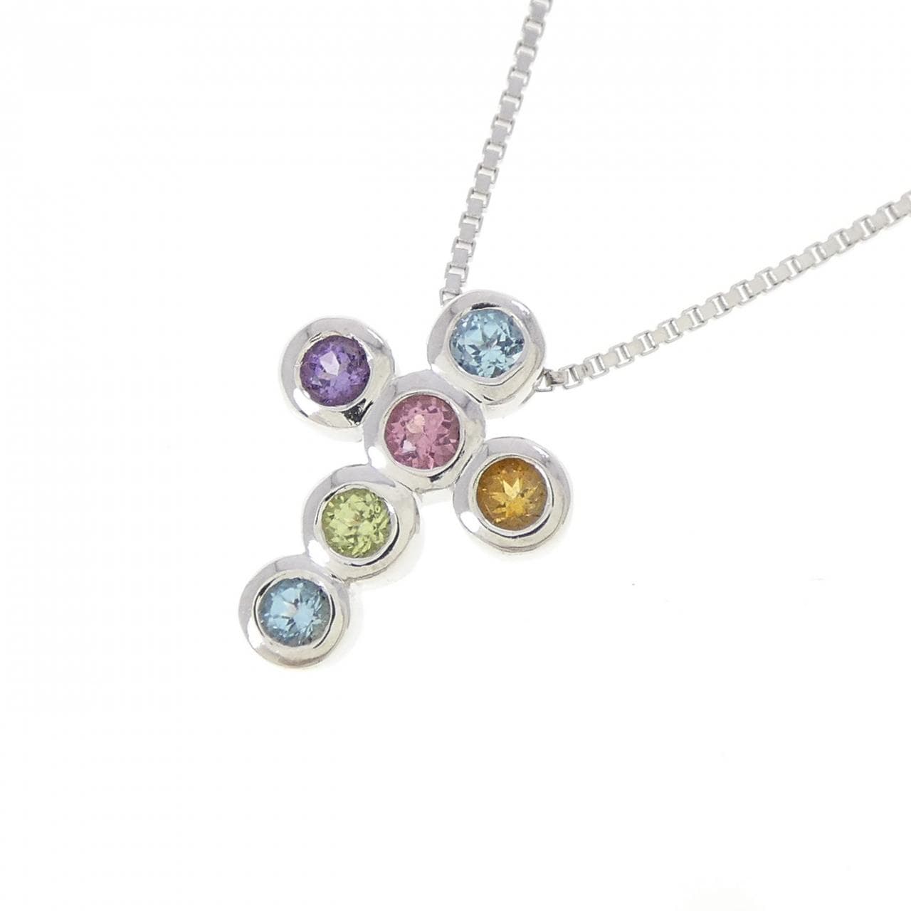 750WG クロス カラーストーン ネックレス