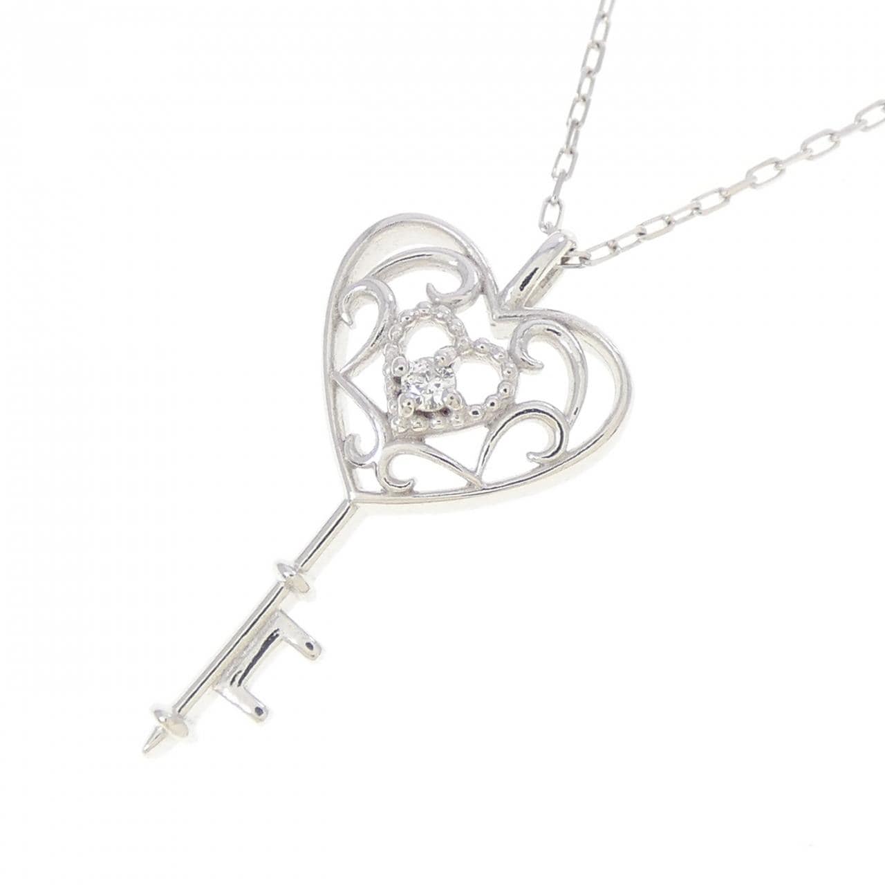 K10WG ハート×キー ダイヤモンド ネックレス 0.01CT