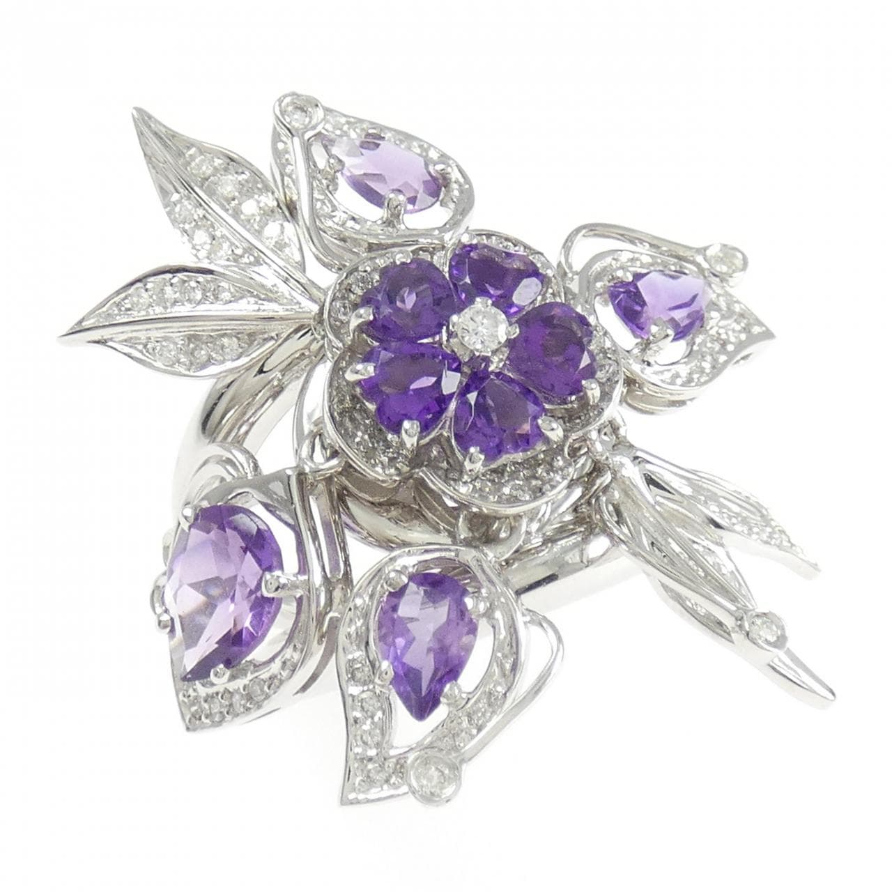 K18WG フラワー アメジスト リング