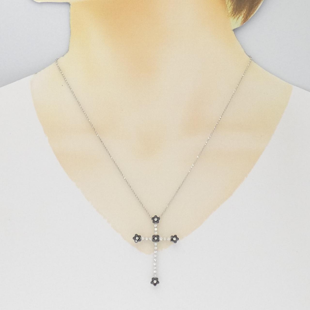 K18WG クロス×フラワー ダイヤモンド ネックレス 1.10CT