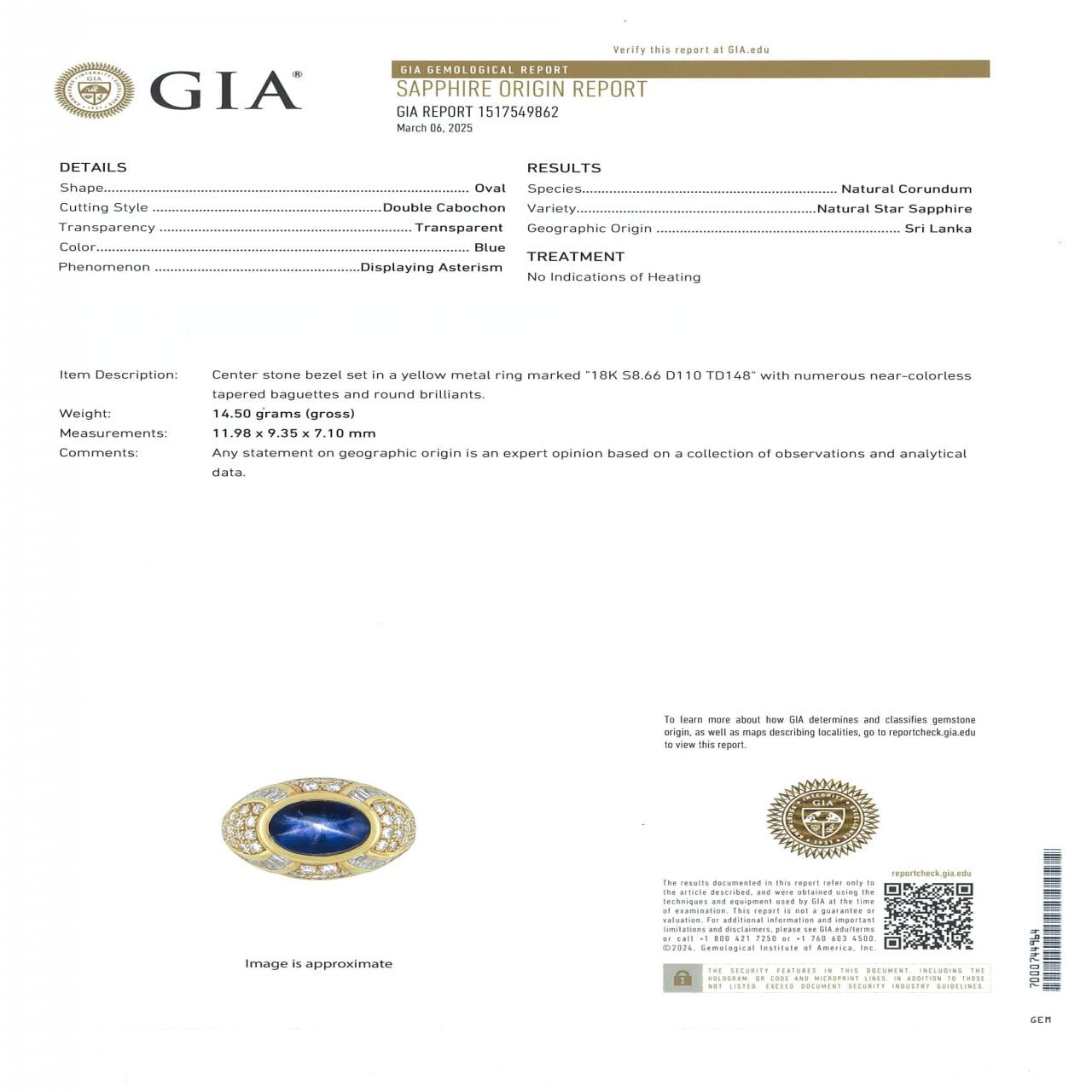 18KYG スターサファイヤ リング 8.66CT スリランカ産