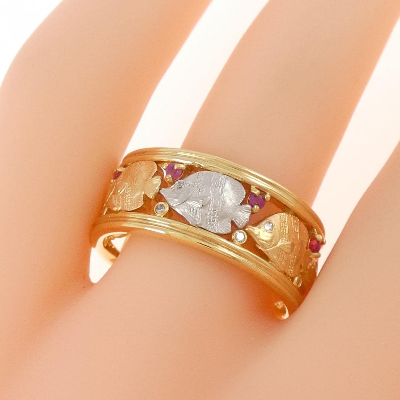 K18YG/PT900/K18PG フィッシュ ルビー リング 0.10CT