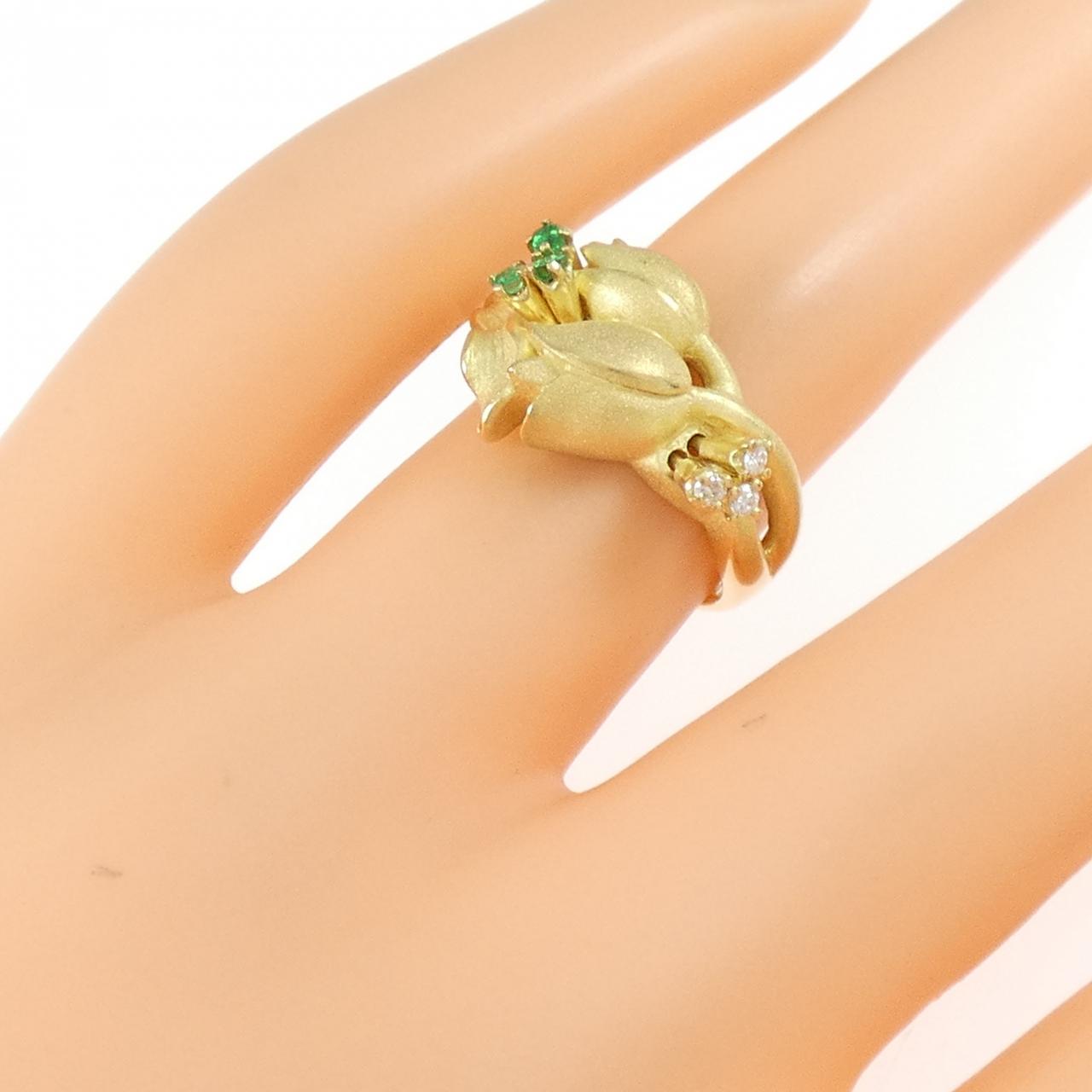 K18YG フラワー エメラルド リング 0.06CT