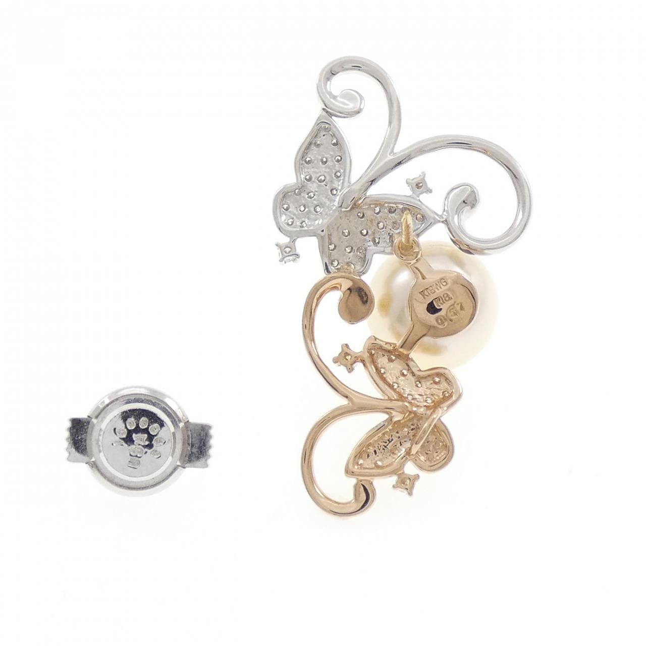 K18PG/K18WG バタフライ 白蝶パール ブローチ 11.2mm