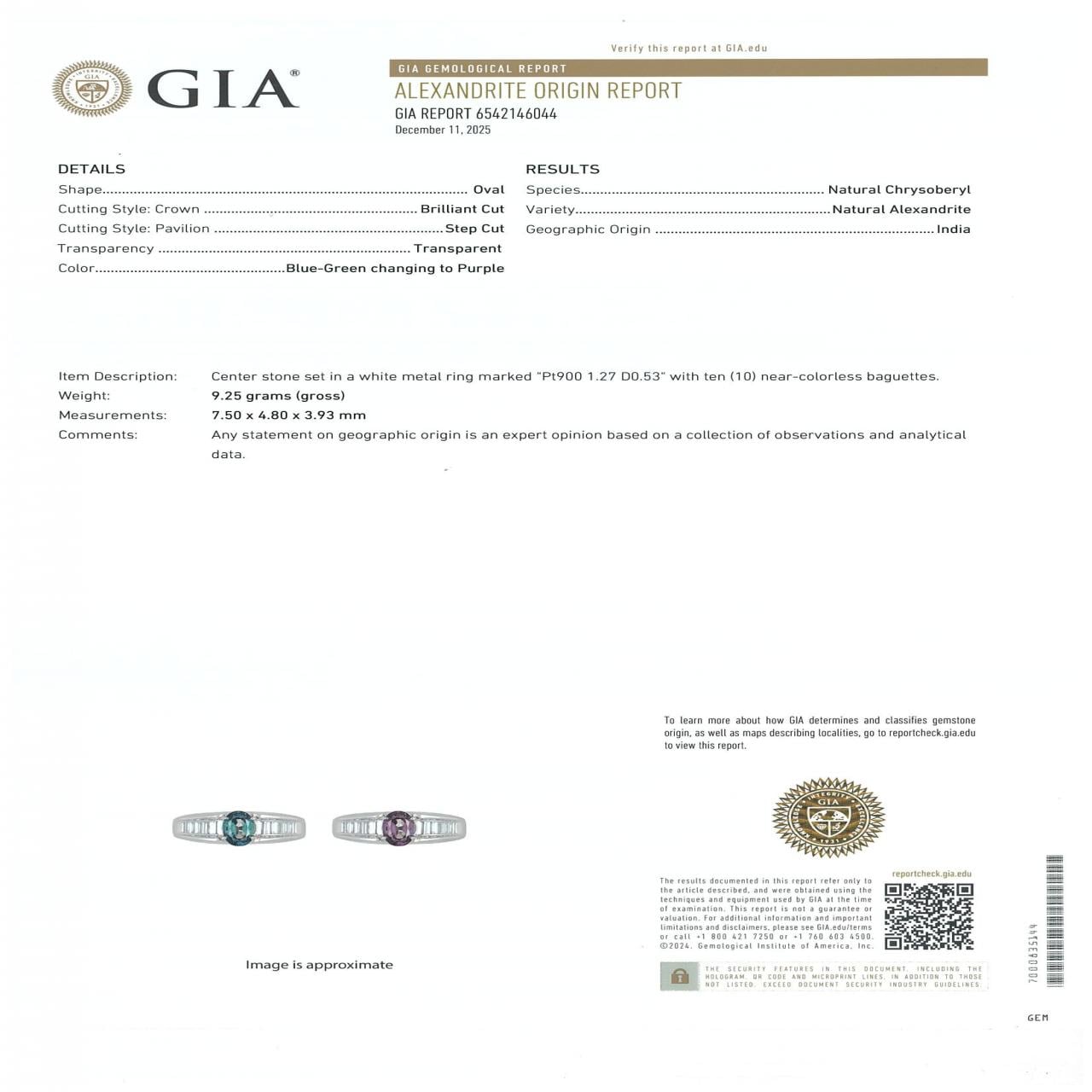 PT900 アレキサンドライト リング 1.27CT