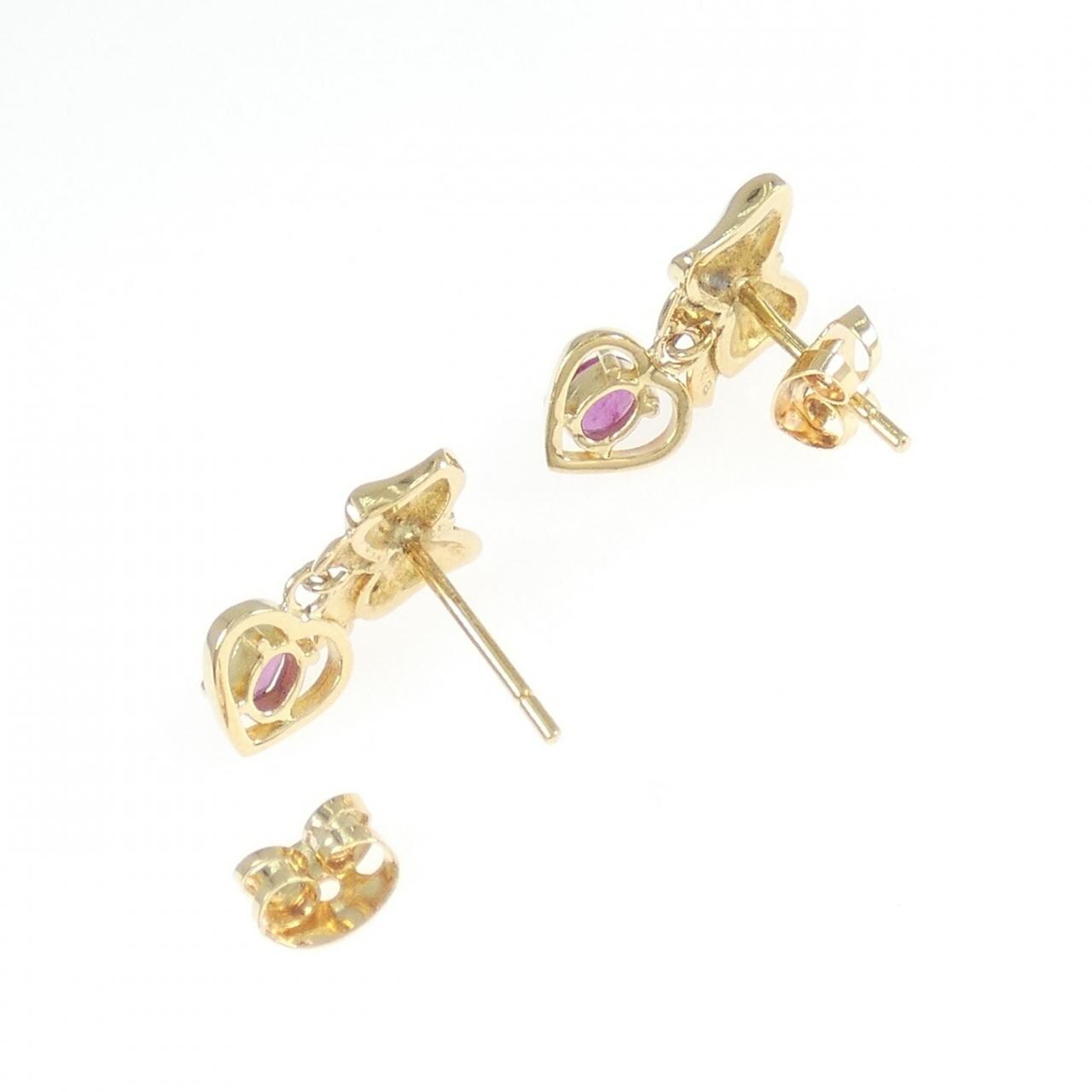 K18YG リボン×ハート ルビー ピアス