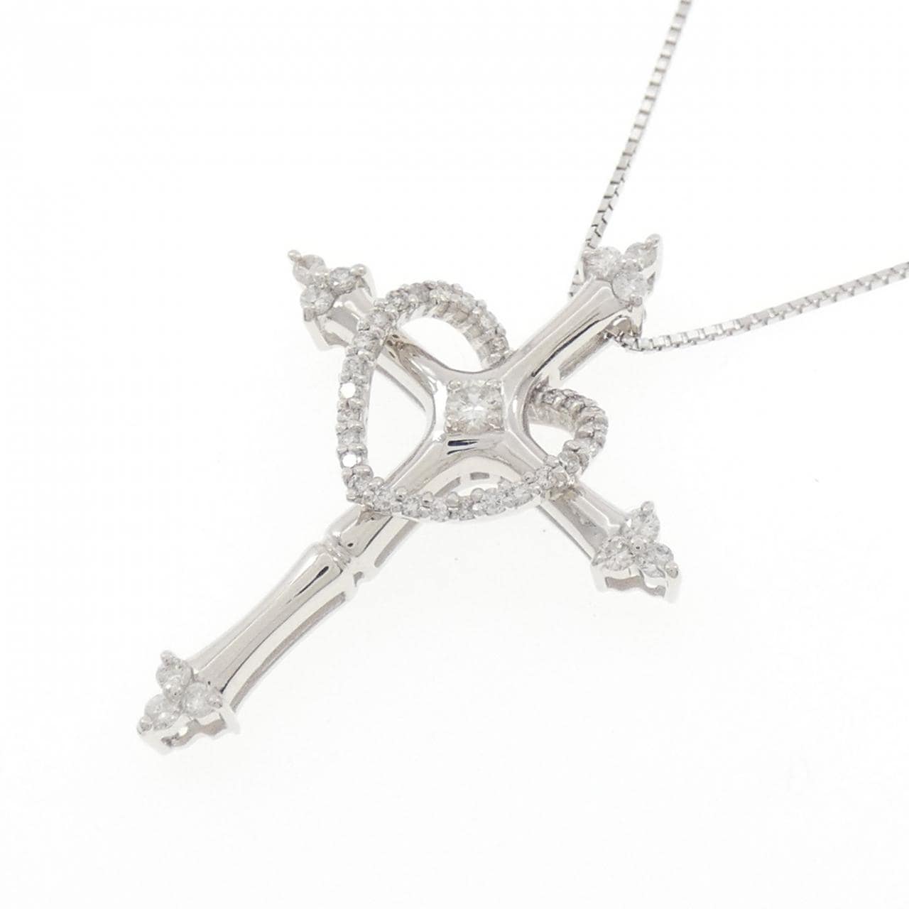 K18WG 2WAY クロス×ハート ダイヤモンド ネックレス 0.20CT