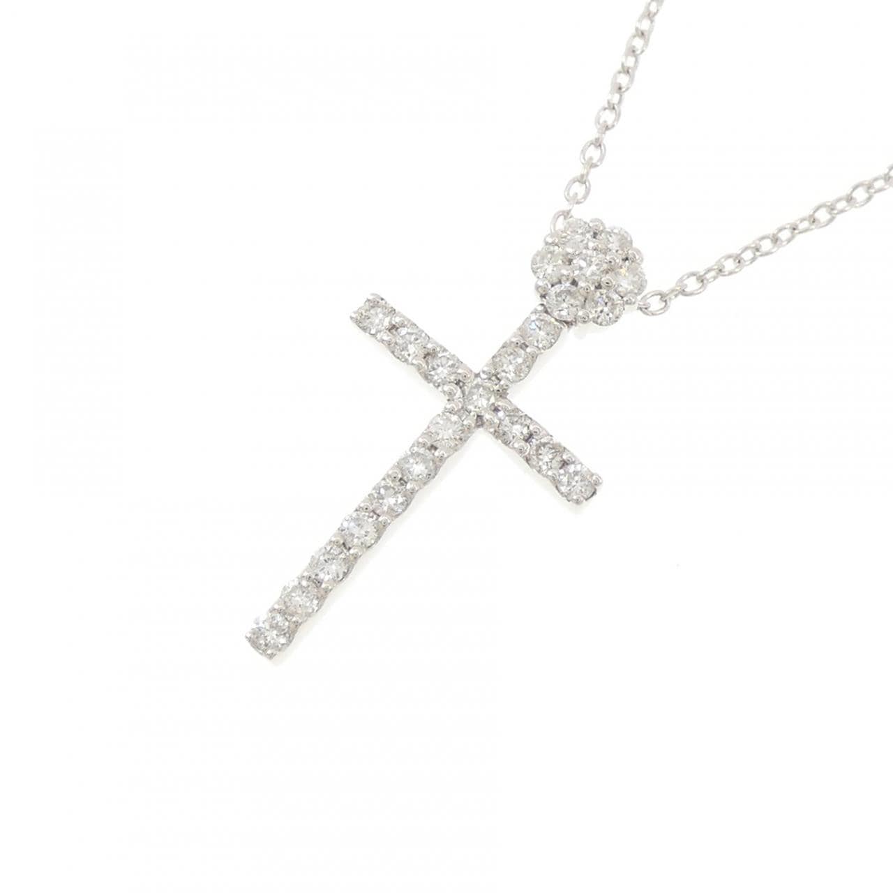 K18WG クロス×フラワー ダイヤモンド ネックレス 0.38CT