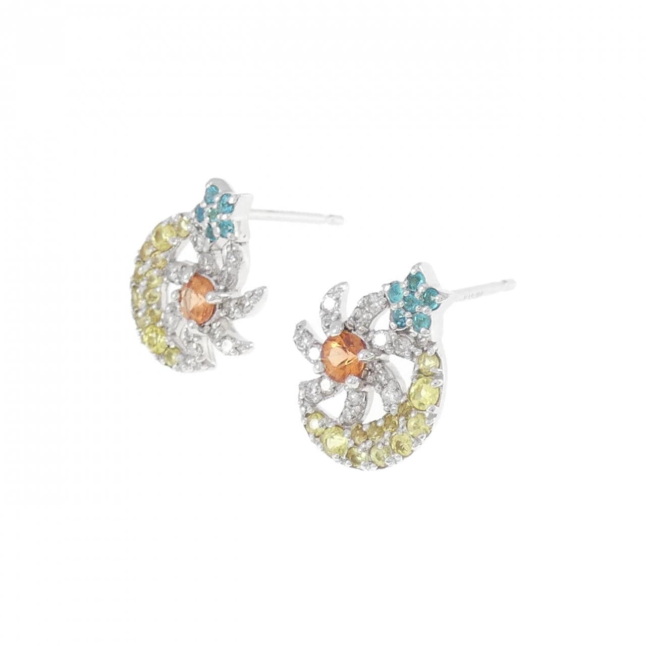 K18WG Moon x Flower Color Stone Earrings