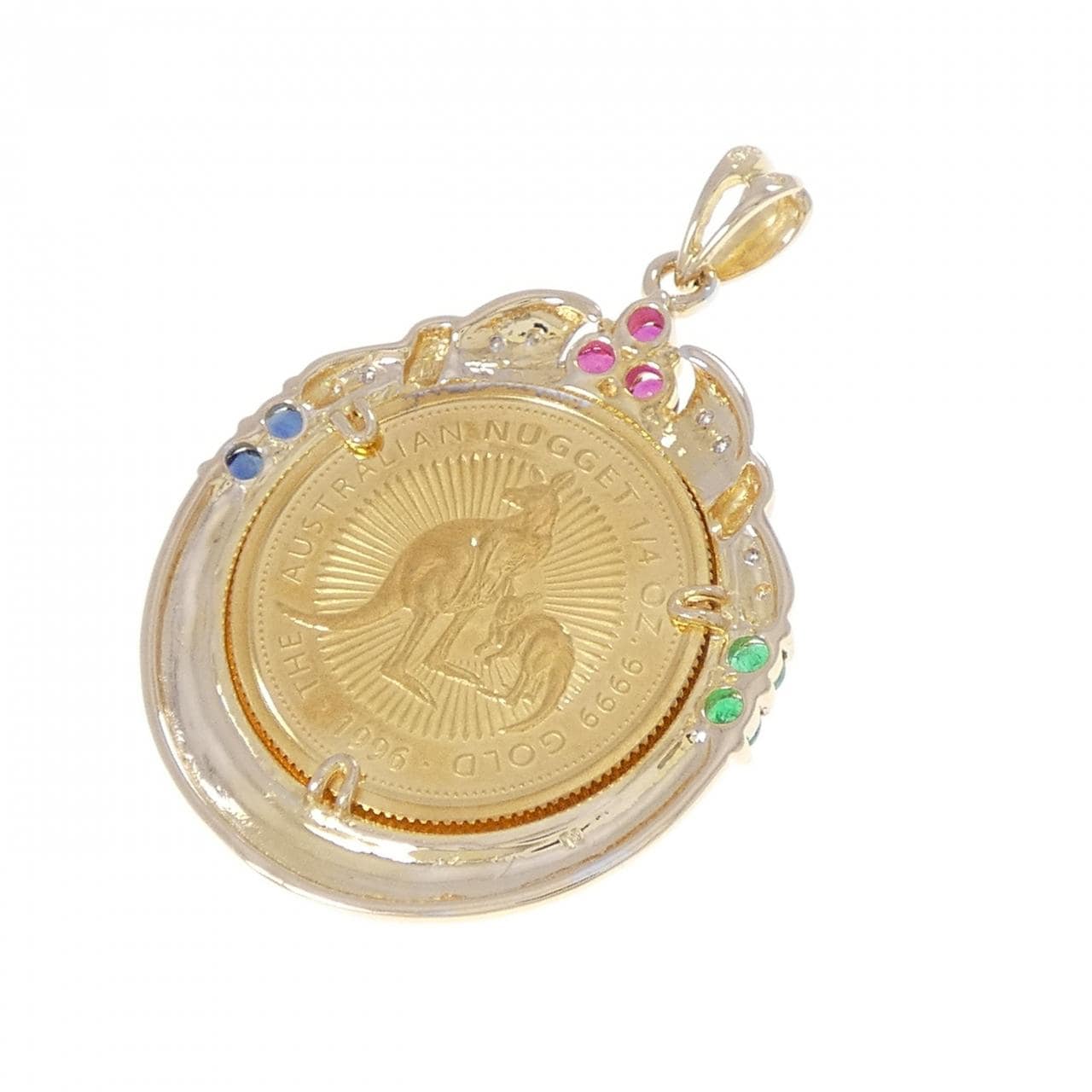 585/585WG(枠) カラーストーン コイン ペンダント
