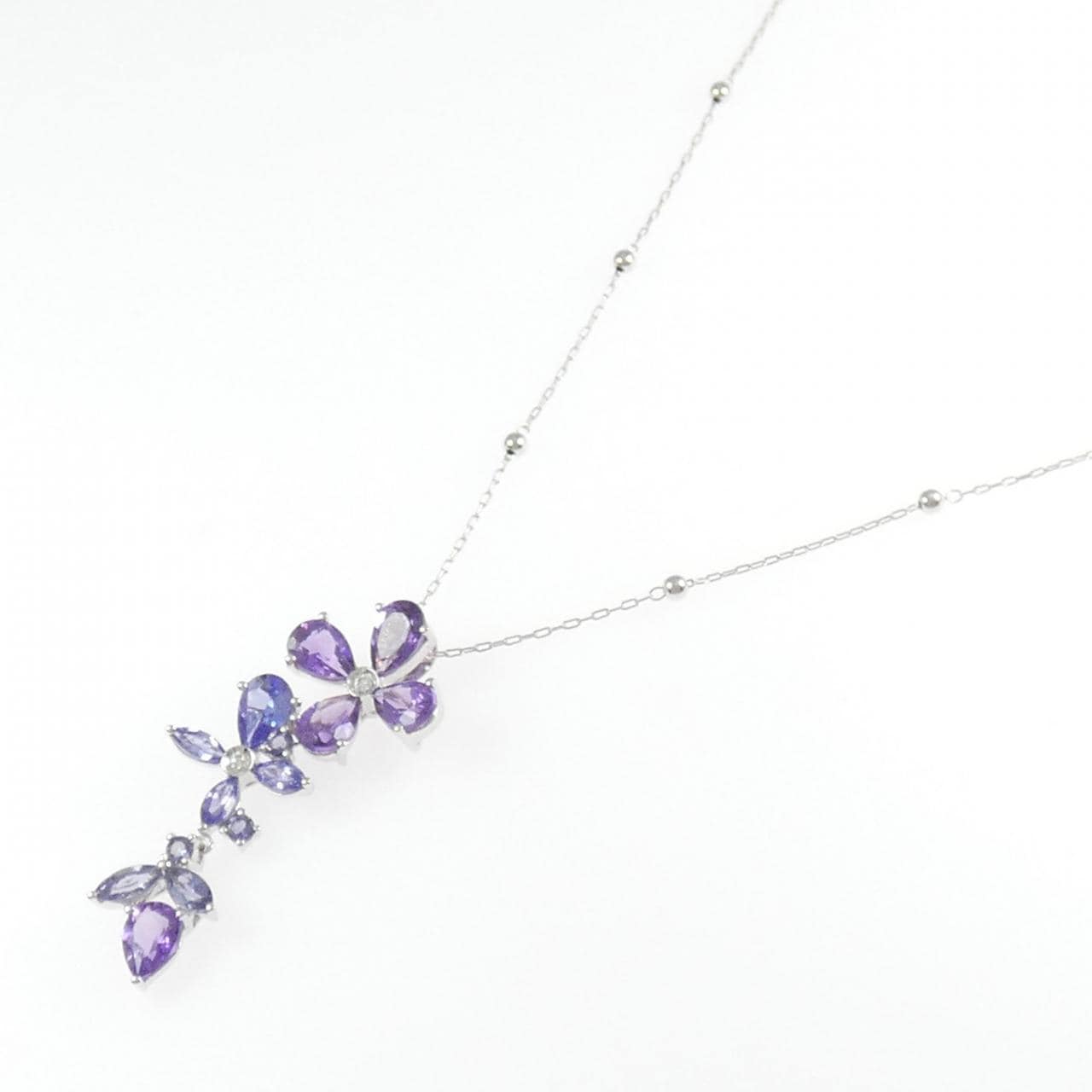 K18WG フラワー カラーストーン ネックレス