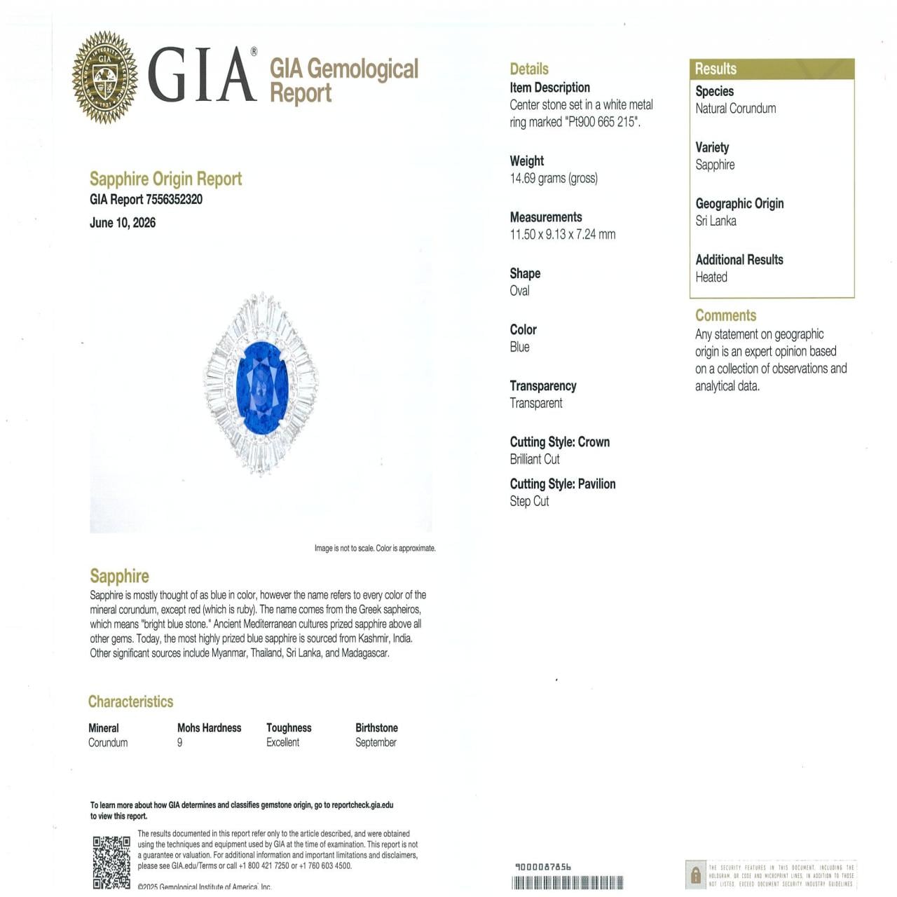 PT900 サファイヤ リング 6.65CT スリランカ産