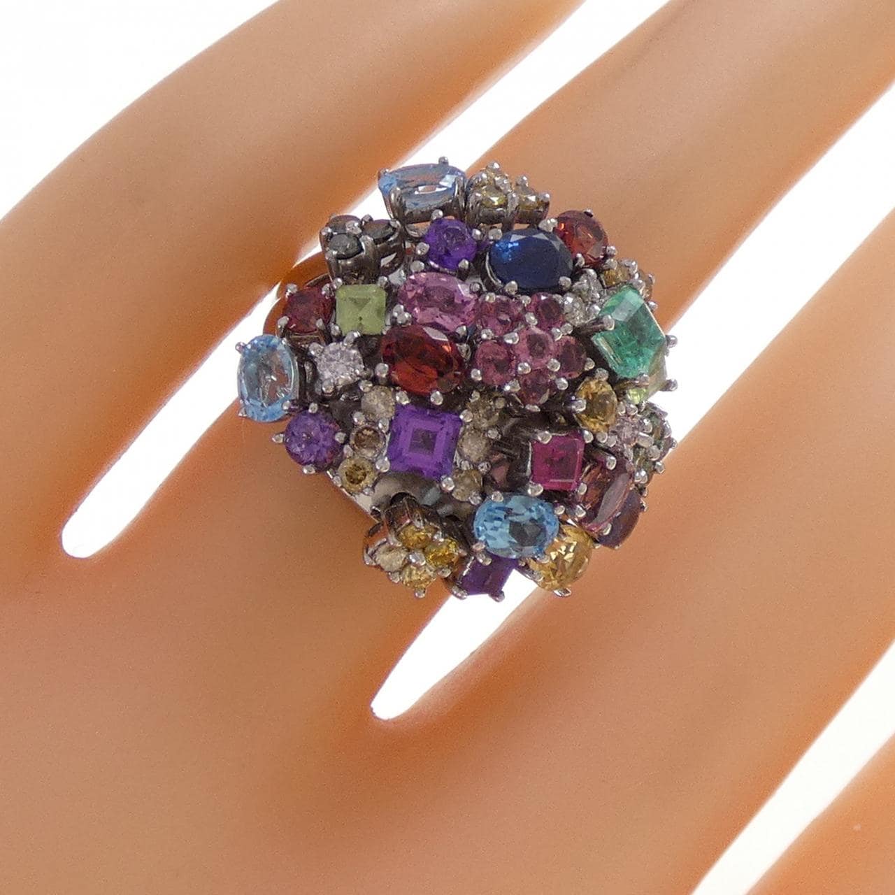 K18WG フラワー カラーストーン リング