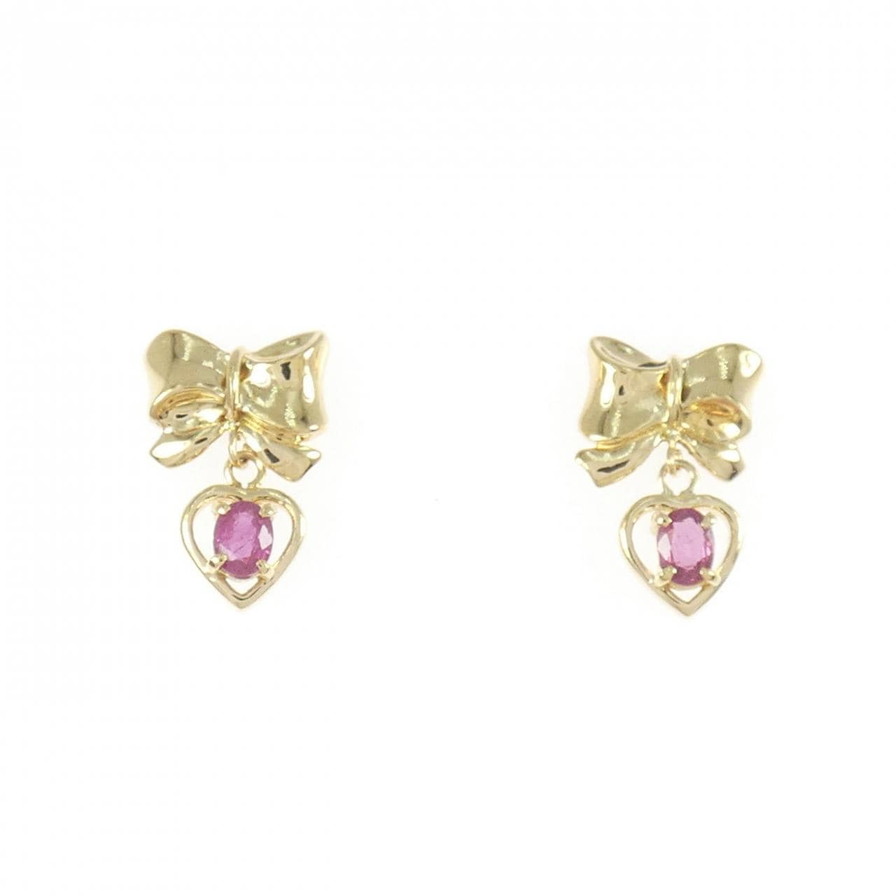 K18YG リボン×ハート ルビー ピアス