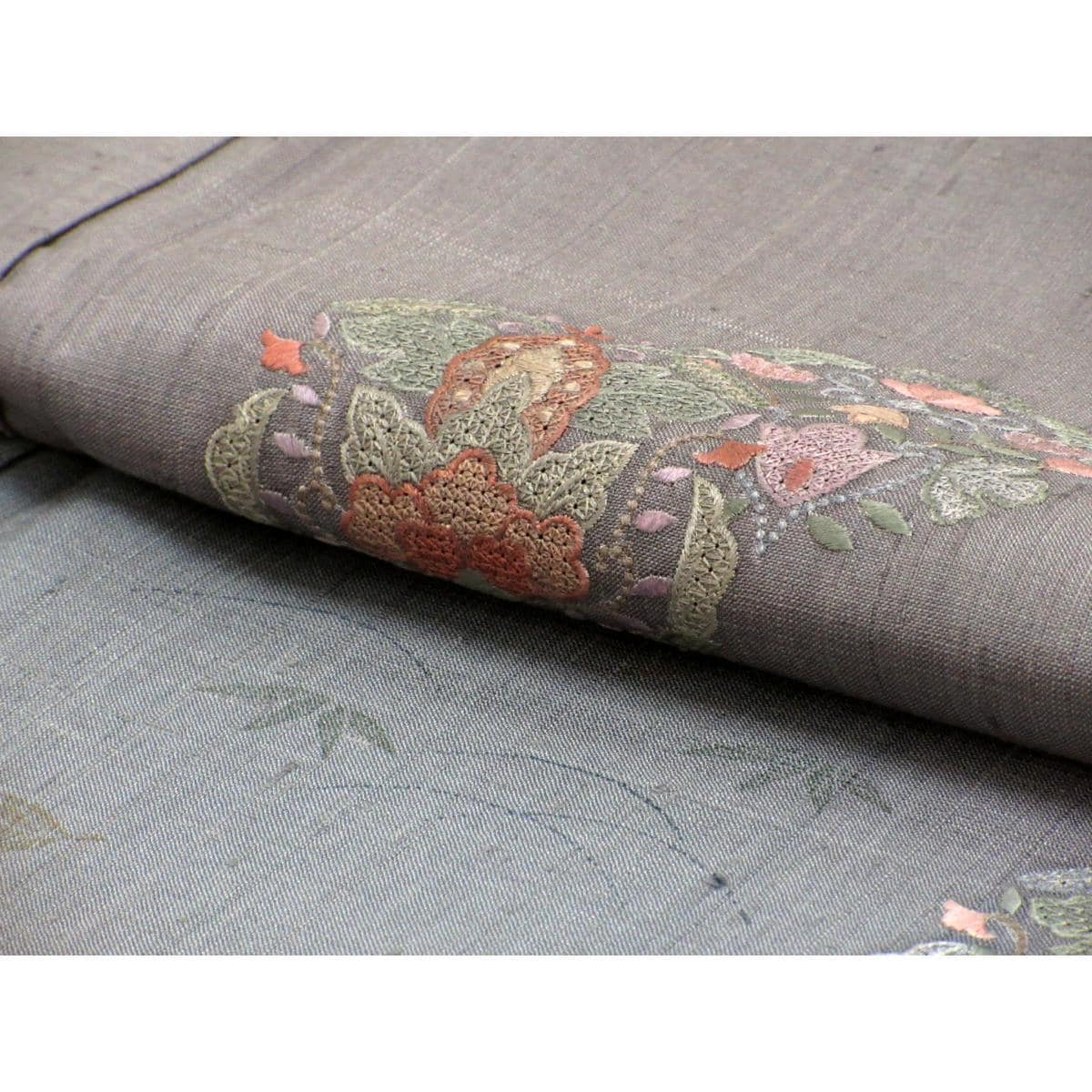 【未使用品】単衣　訪問着　絢結城紬　刺繍入りボカシ染　身幅３Ｌ寸