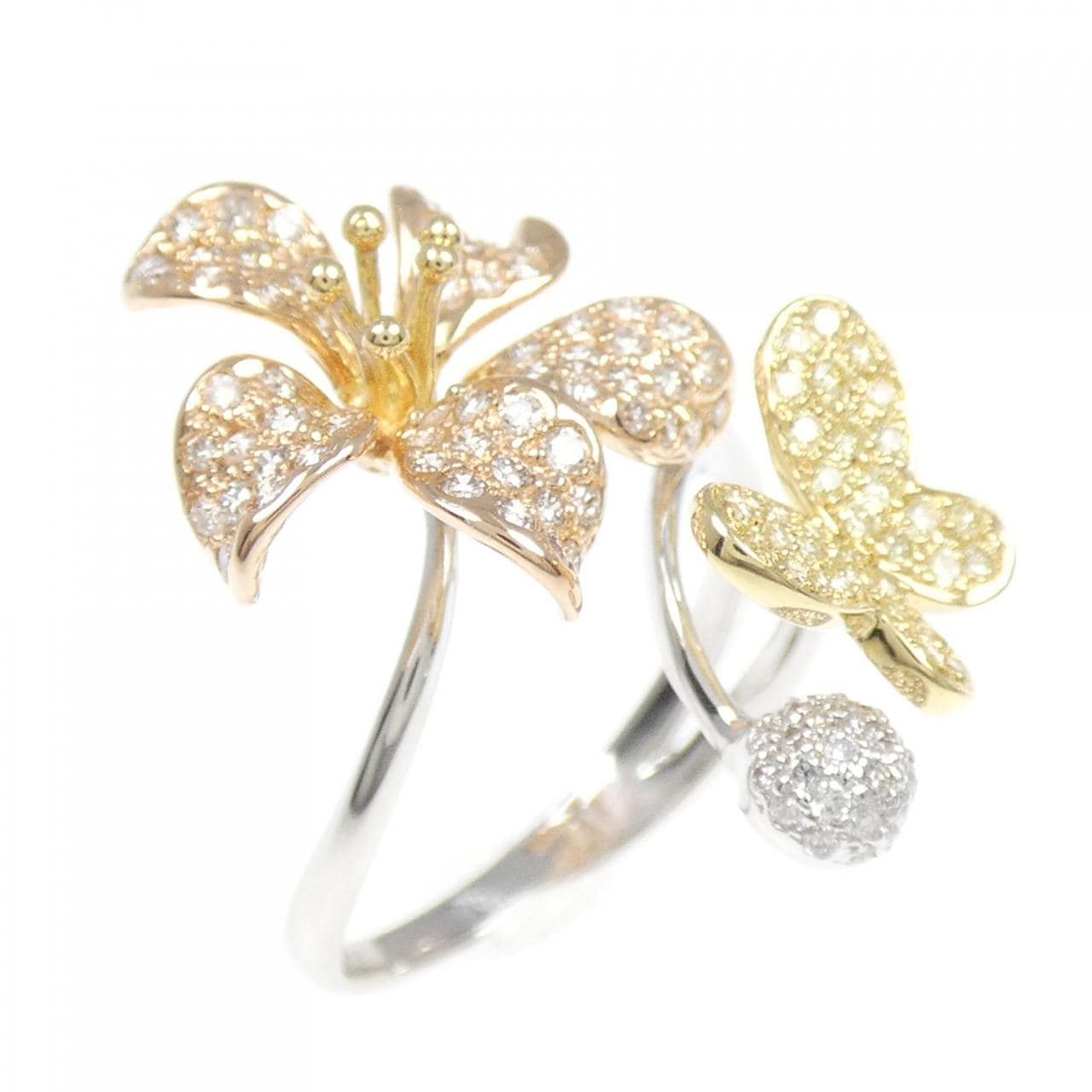 K18スリーカラー フラワー×バタフライ ダイヤモンド リング 0.65CT