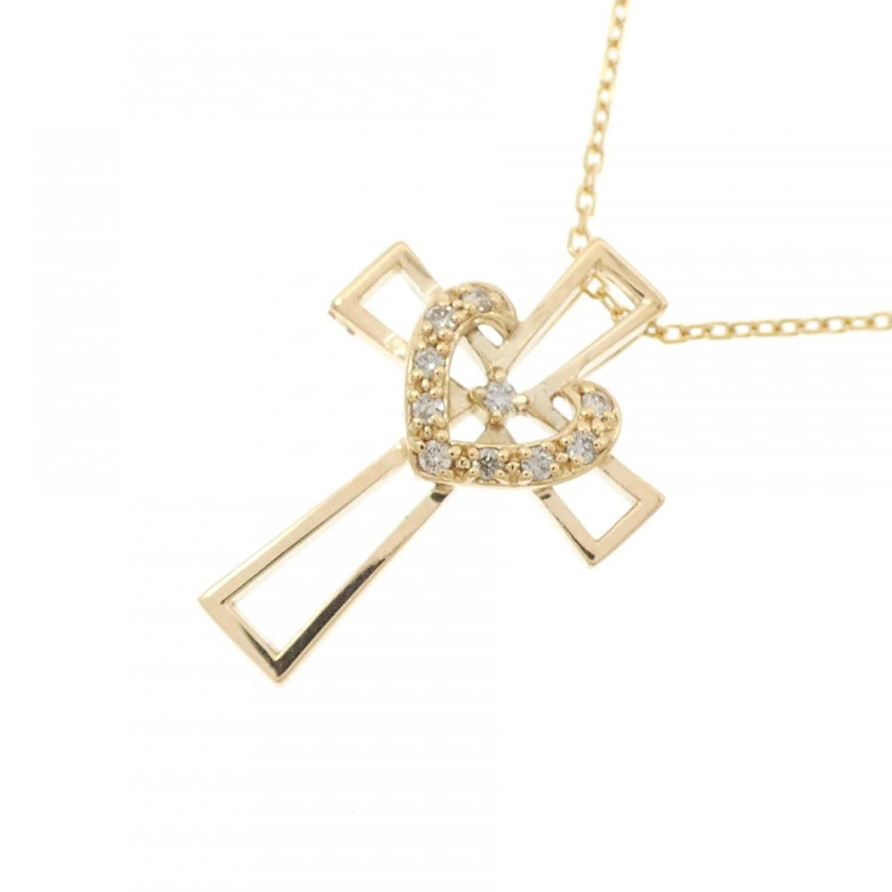 K18YG クロス×ハート ダイヤモンド ネックレス 0.05CT