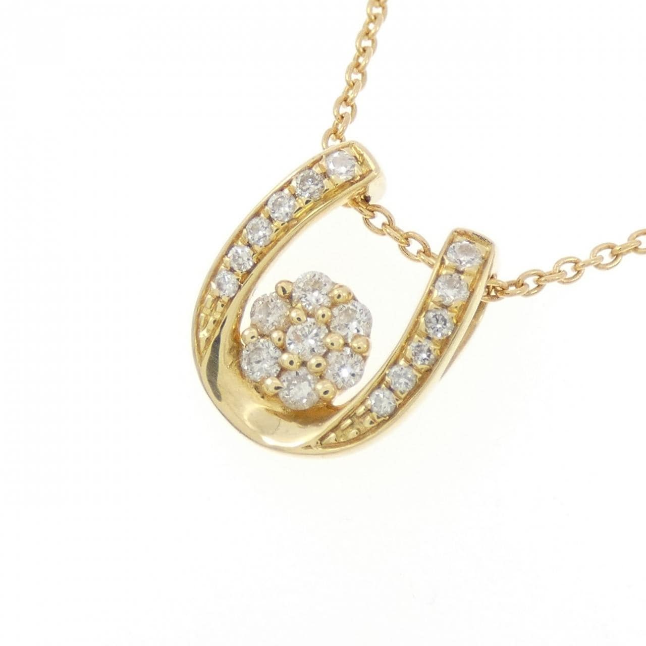 K18YG ホースシュー×フラワー ダイヤモンド ネックレス 0.15CT