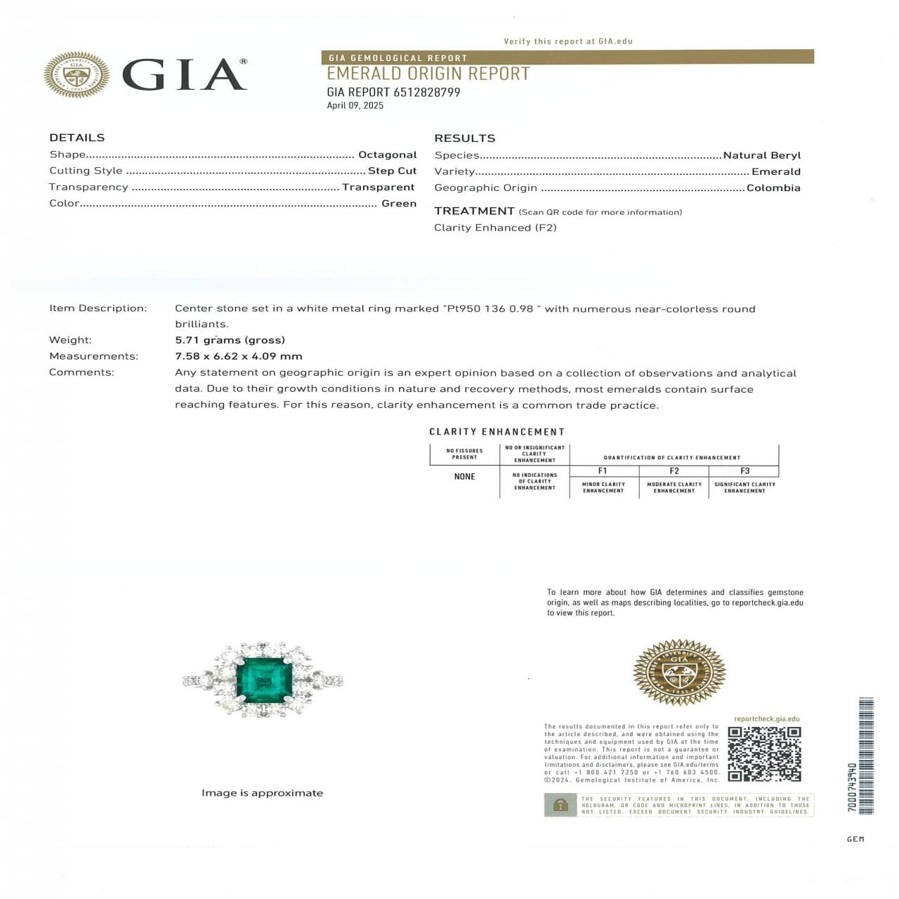 PT950 エメラルド リング 1.36CT コロンビア産