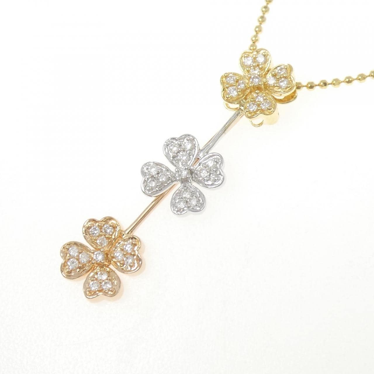K18スリーカラー クローバー ダイヤモンド ネックレス 0.35CT